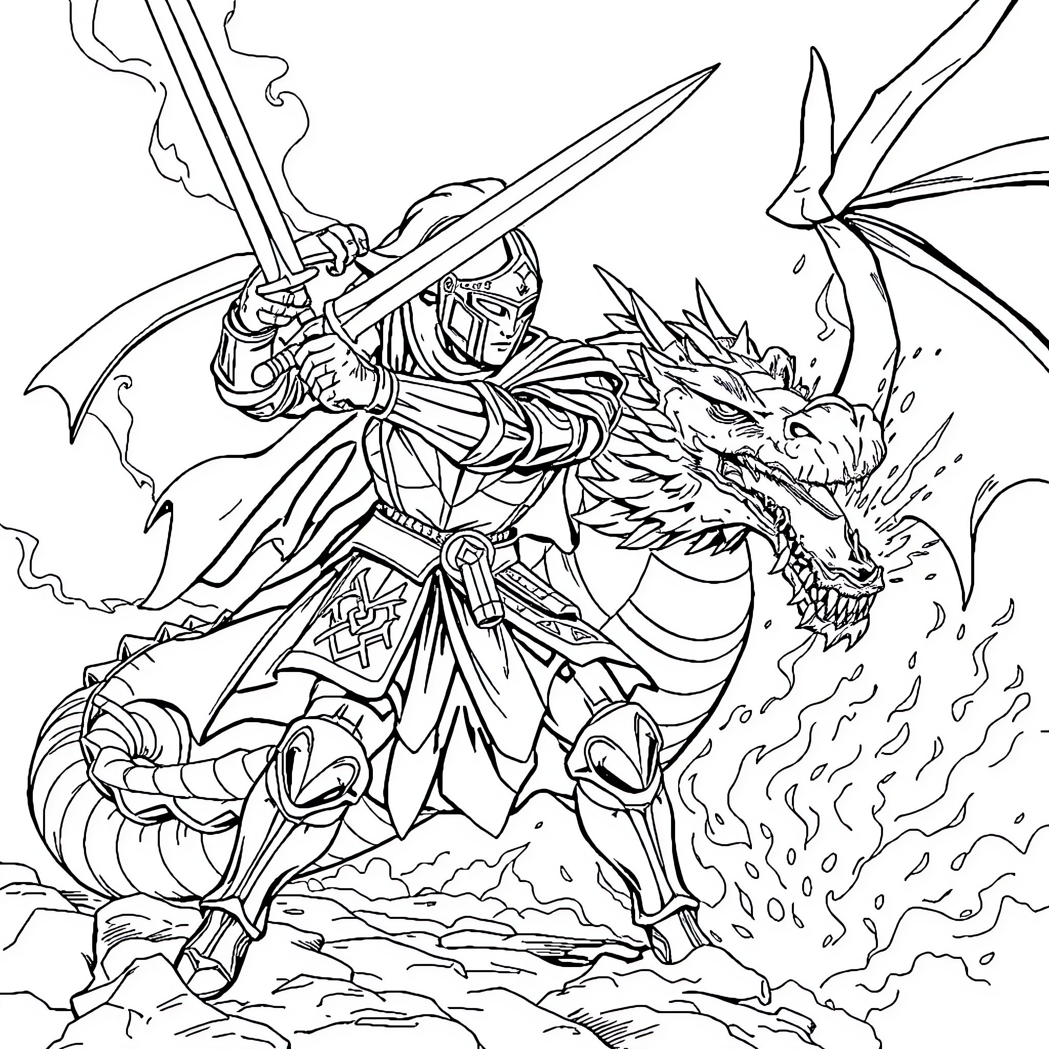 Knight Battling Fearsome Dragon in Epic Confrontation Coloring Page (free black-and-white line drawing printable PDF for all, from beginners to advanced learners, including children, teens, adults, and seniors)