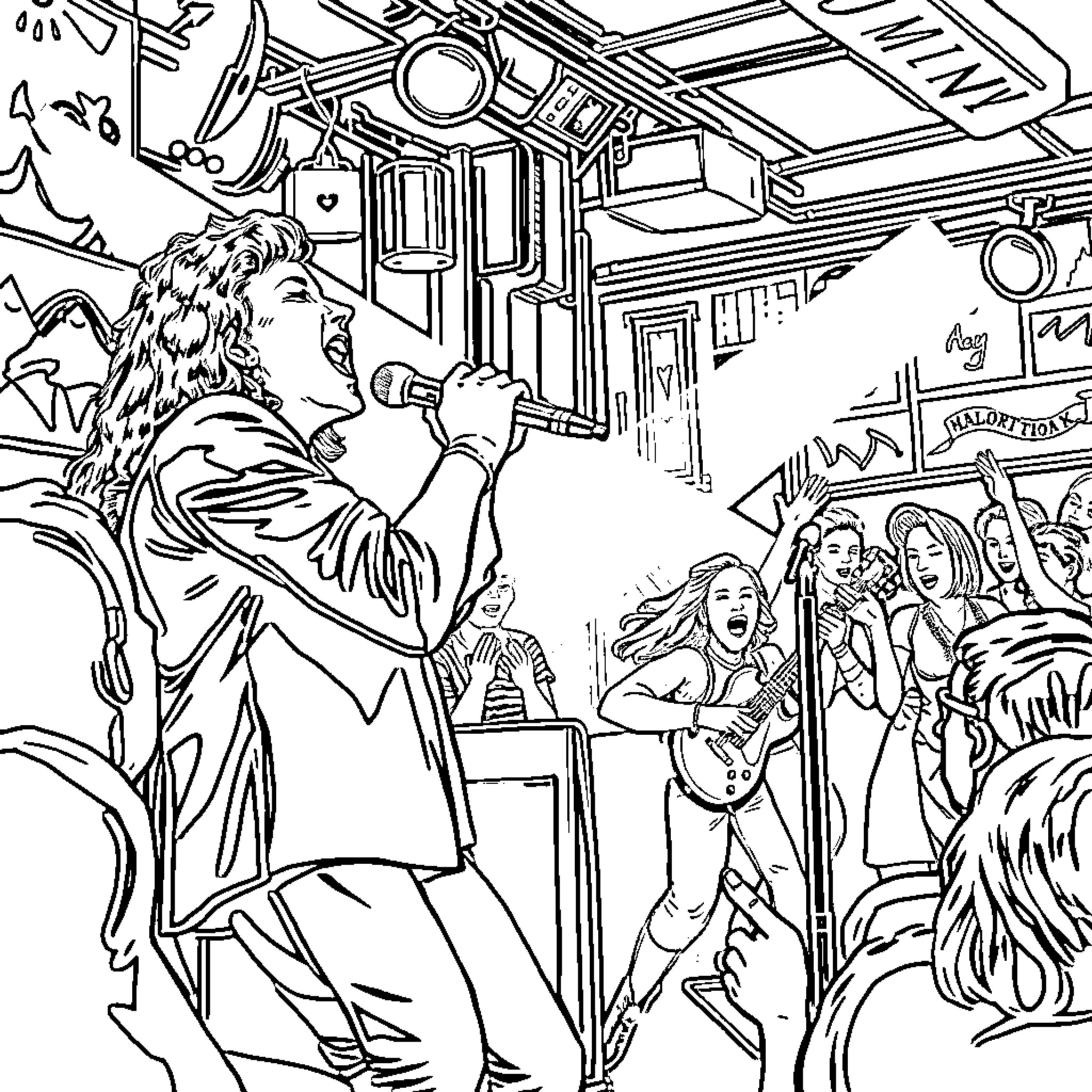 Huntrix Performing at Rock Concert Coloring Page (free black-and-white line drawing printable PDF for all, from beginners to advanced learners, including children, teens, adults, and seniors)