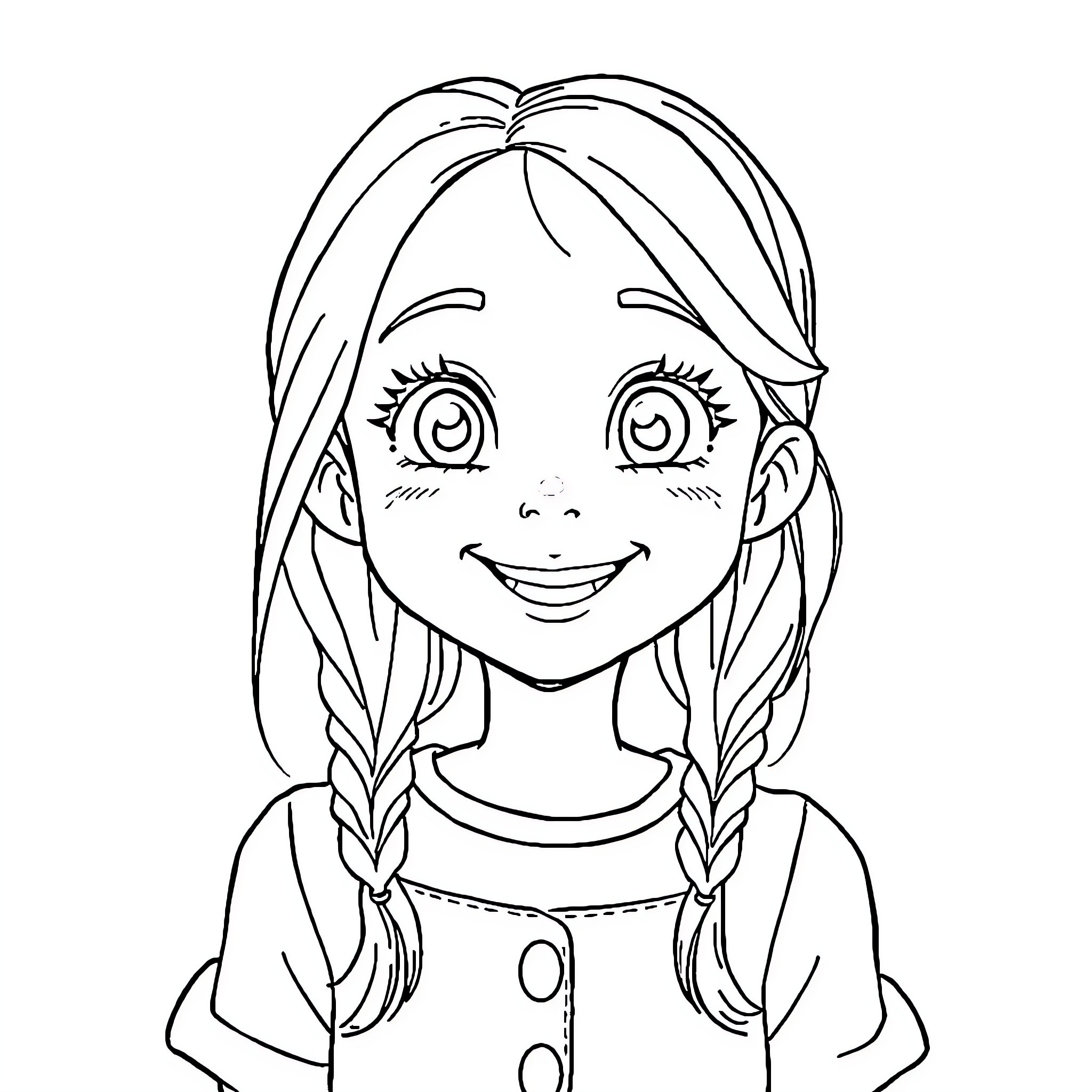 Angel with cheerful expression and pigtails Coloring Page (free black-and-white line drawing printable PDF for all, from beginners to advanced learners, including children, teens, adults, and seniors)
