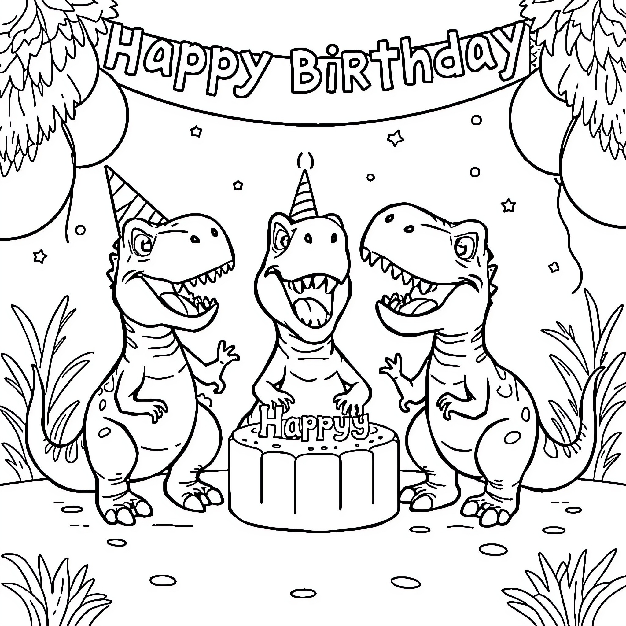 T-Rex Birthday Celebration with Happy Dinosaurs Coloring Page (free black-and-white line drawing printable PDF for all, from beginners to advanced learners, including children, teens, adults, and seniors)