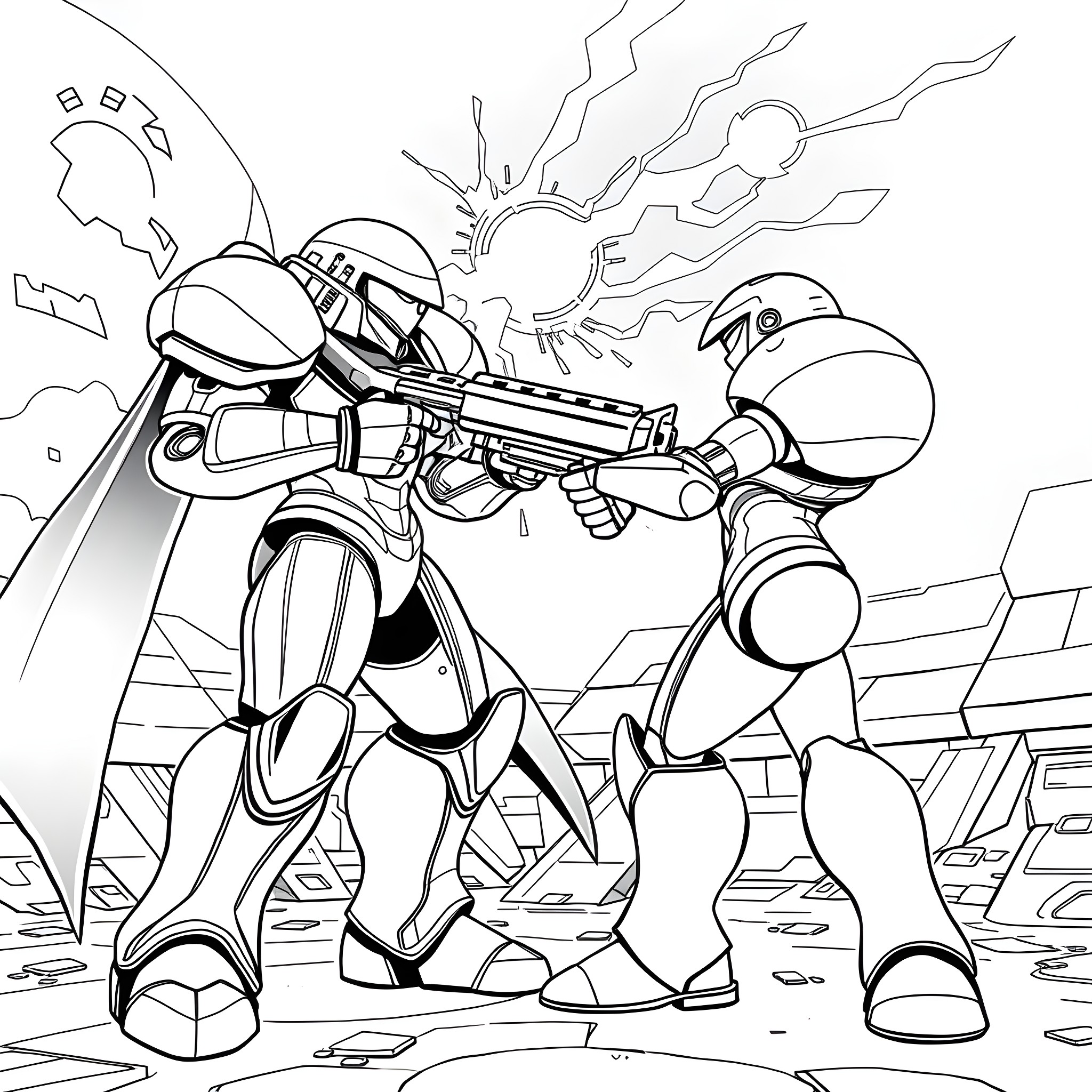 Samus in Intense Combat with Enemies Coloring Page (free black-and-white line drawing printable PDF for all, from beginners to advanced learners, including children, teens, adults, and seniors)