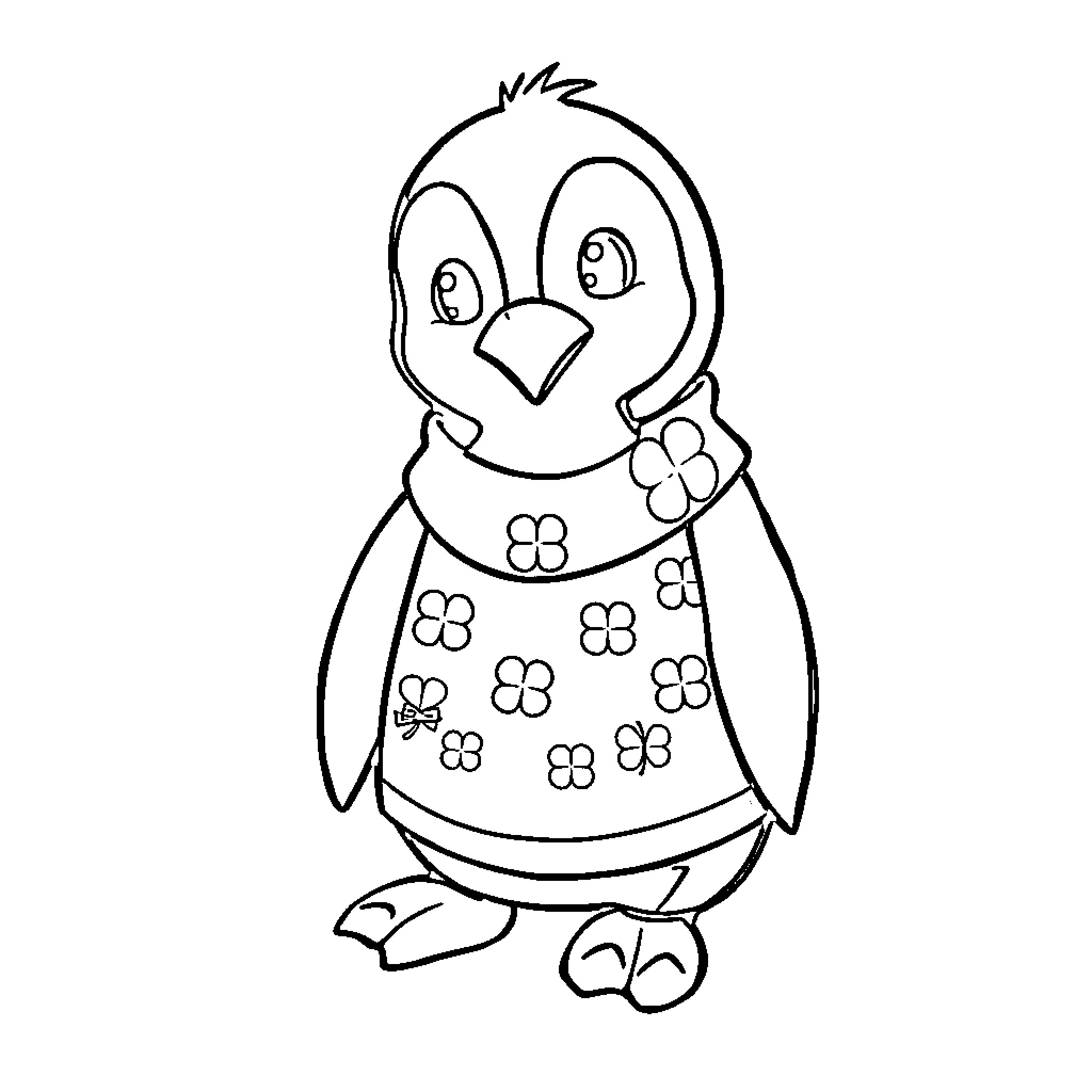 Penguin wearing a floral outfit Coloring Page (free black-and-white line drawing printable PDF for all, from beginners to advanced learners, including children, teens, adults, and seniors)