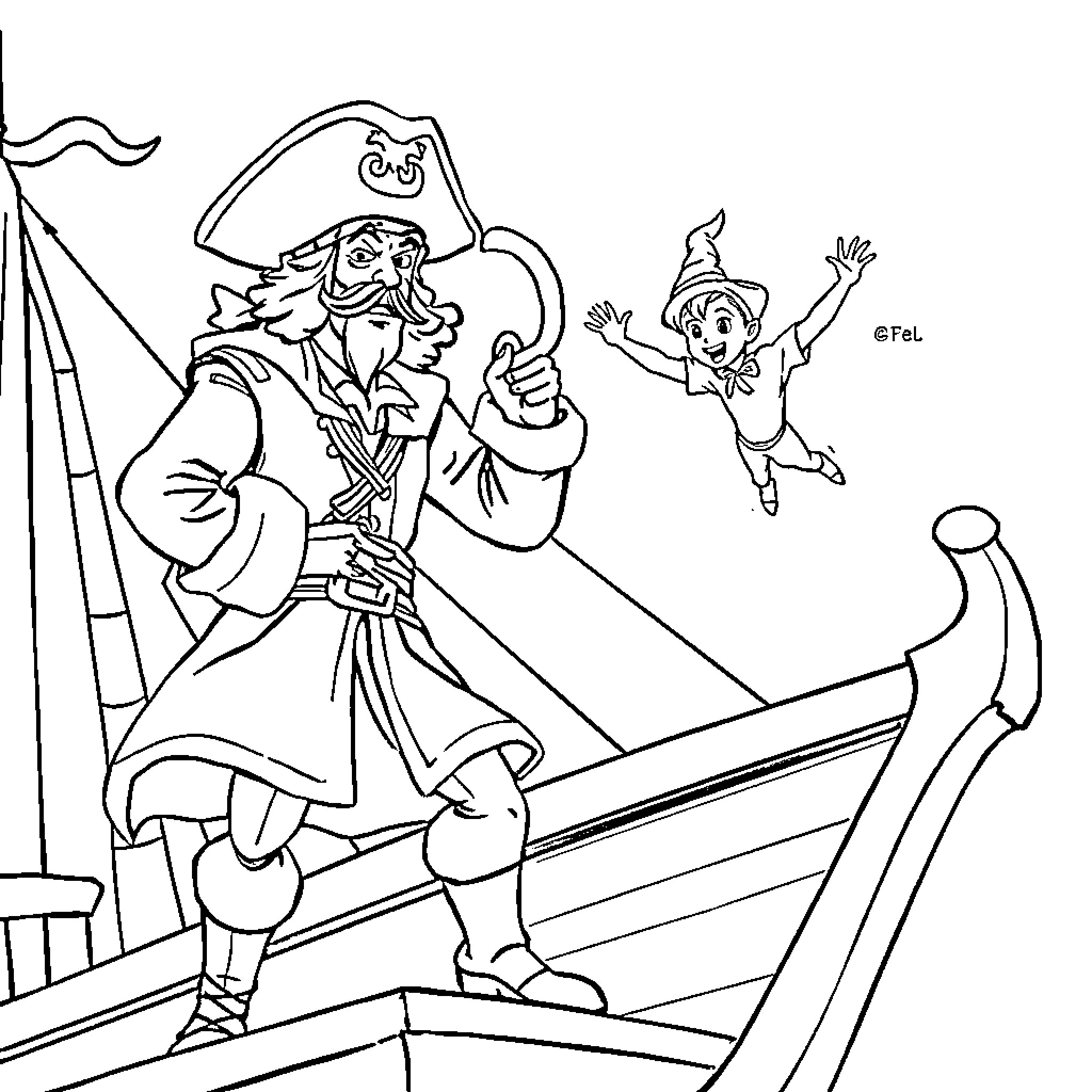 Captain Hook chasing a young boy on a pirate ship Coloring Page (free black-and-white line drawing printable PDF for all, from beginners to advanced learners, including children, teens, adults, and seniors)