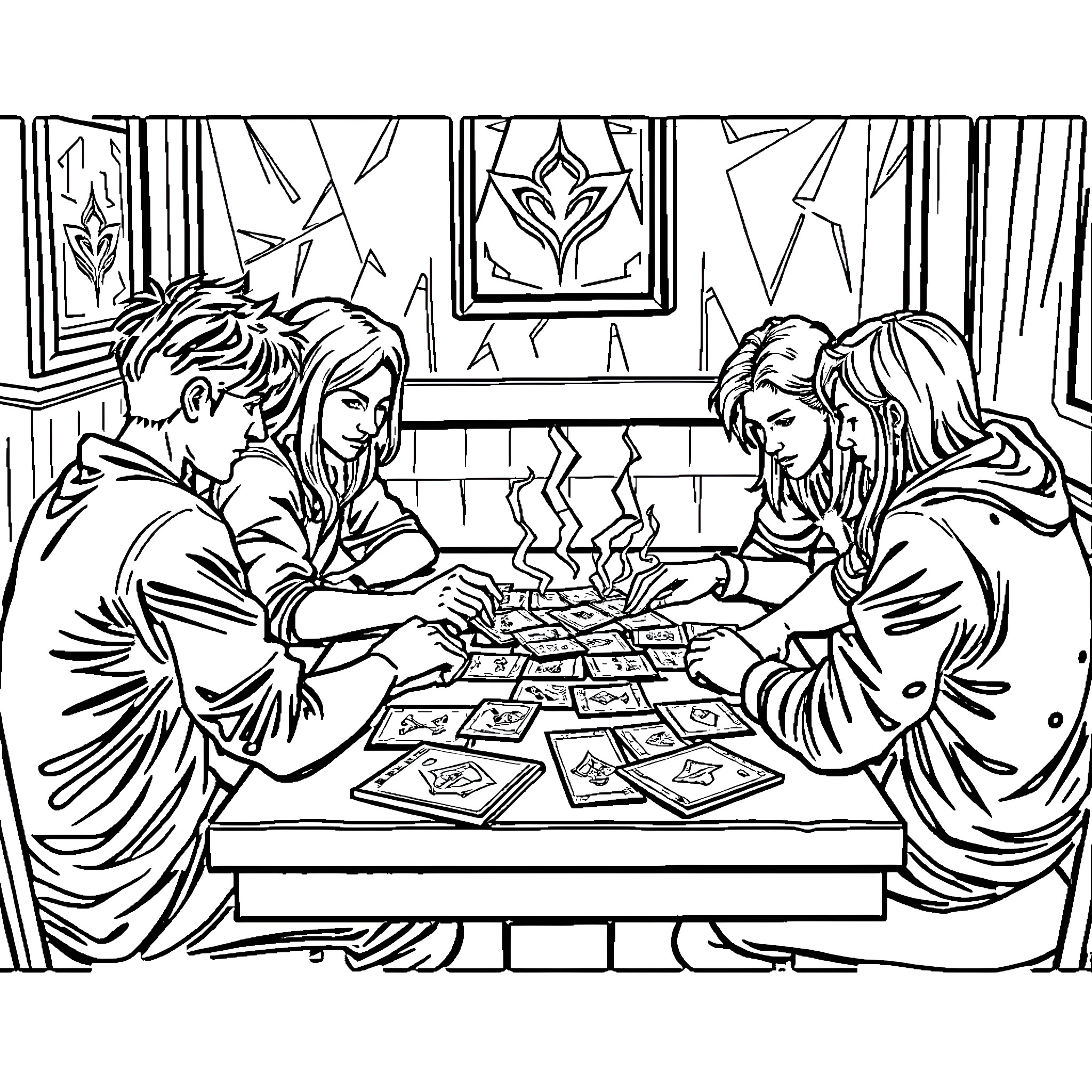 Friends engaging in a card game together Coloring Page (free black-and-white line drawing printable PDF for all, from beginners to advanced learners, including children, teens, adults, and seniors)