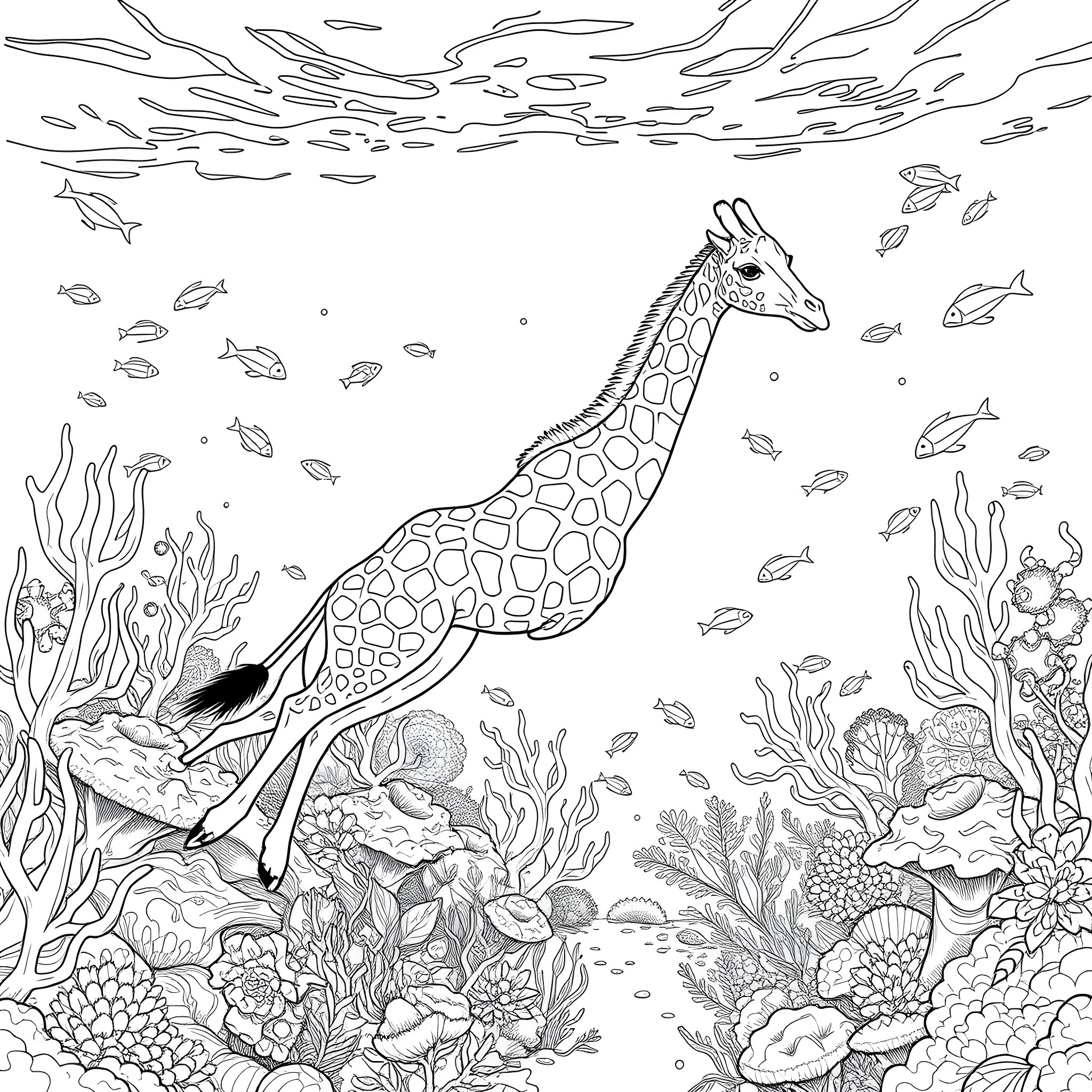 Giraffe swimming gracefully in a vibrant underwater scene Coloring Page (free black-and-white line drawing printable PDF for all, from beginners to advanced learners, including children, teens, adults, and seniors)