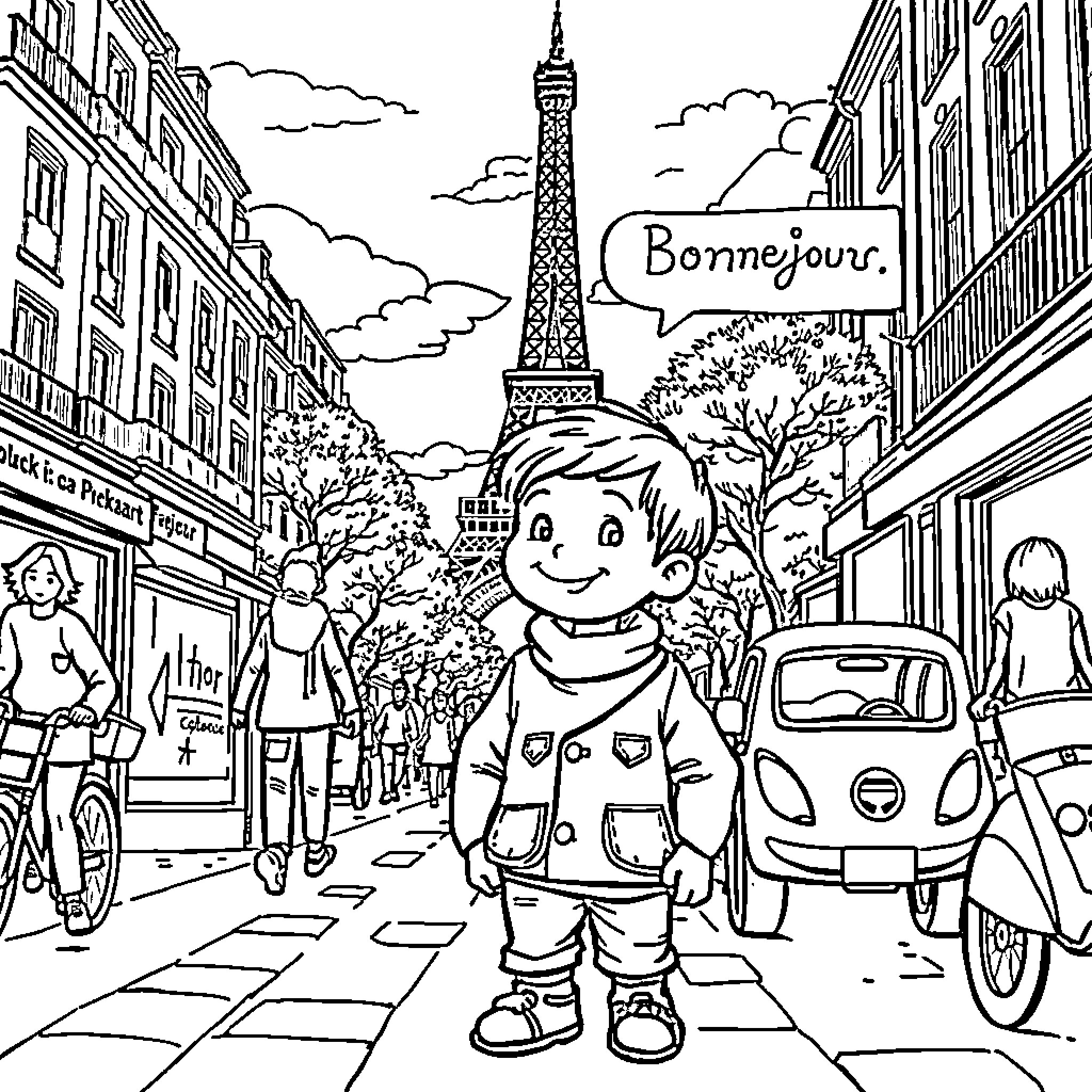 Kid exploring the bustling streets of Paris Coloring Page (free black-and-white line drawing printable PDF for all, from beginners to advanced learners, including children, teens, adults, and seniors)