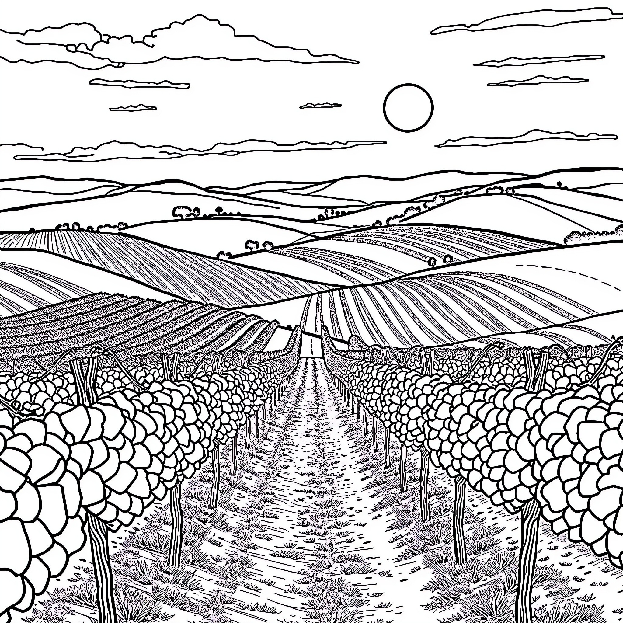 Vineyard in Serene Countryside Landscape Coloring Page (free black-and-white line drawing printable PDF for all, from beginners to advanced learners, including children, teens, adults, and seniors)