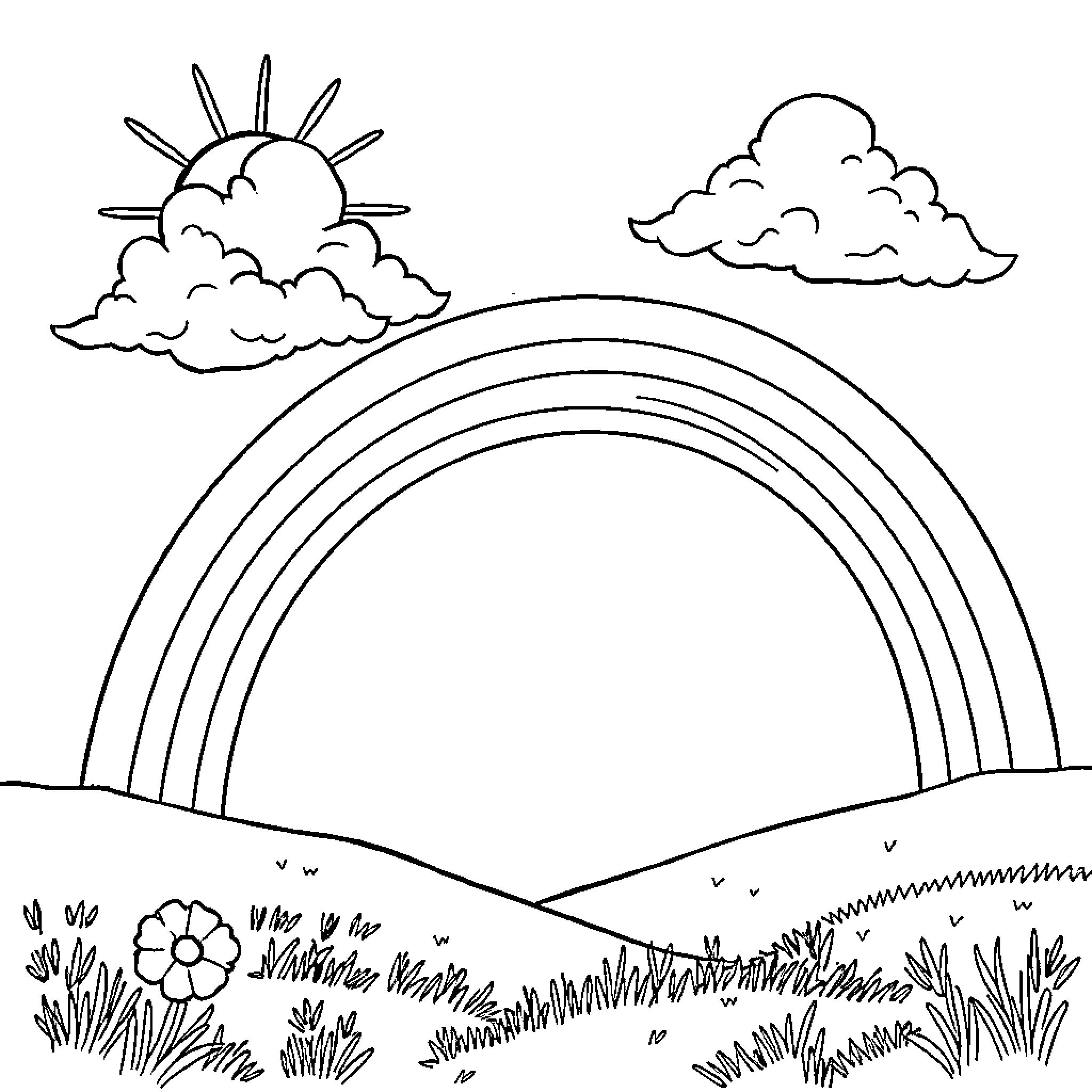 Rainbow Landscape with Clouds and Flowers Coloring Page (free black-and-white line drawing printable PDF for all, from beginners to advanced learners, including children, teens, adults, and seniors)
