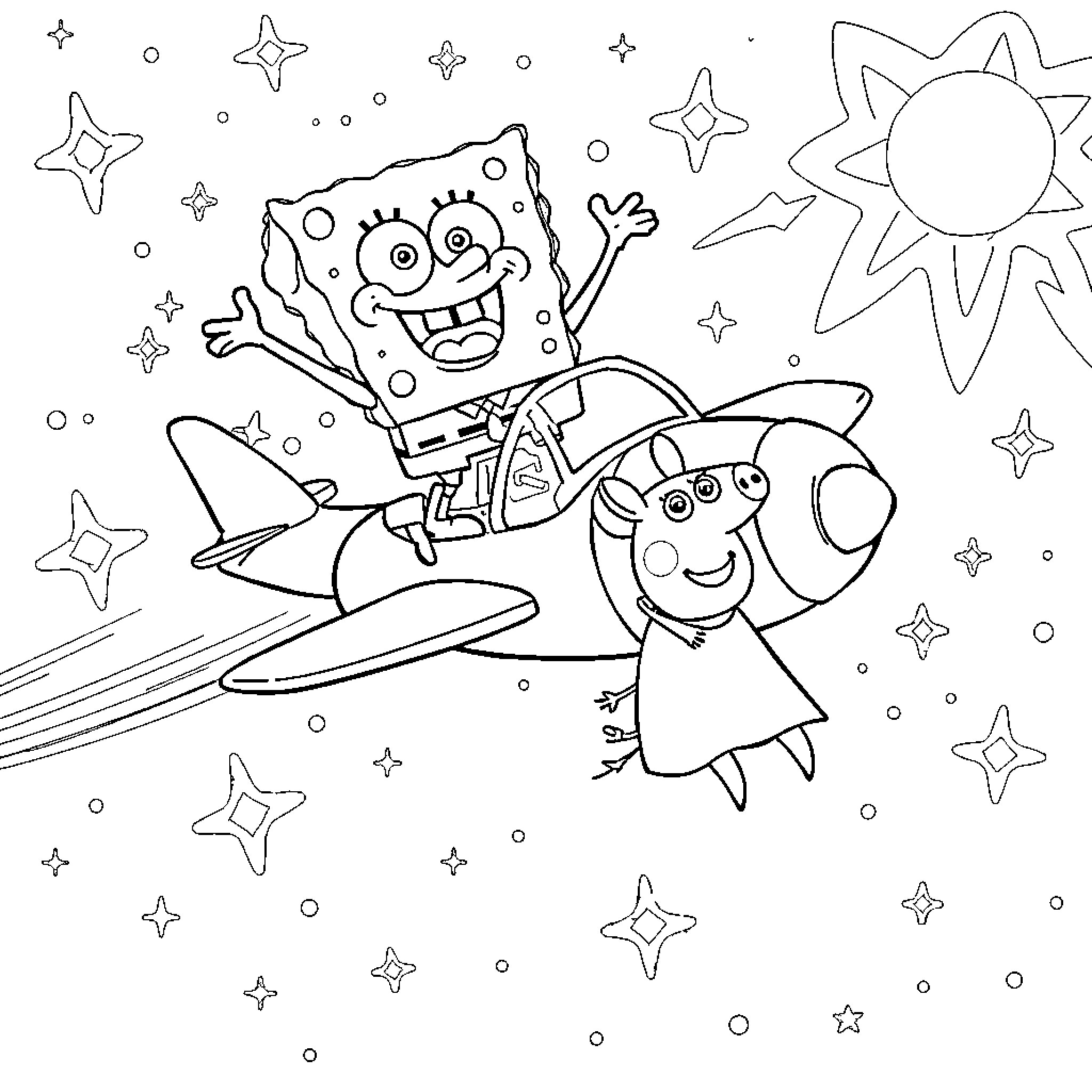 Spongebob and Peppa Pig exploring the galaxy in a rocket Coloring Page (free black-and-white line drawing printable PDF for all, from beginners to advanced learners, including children, teens, adults, and seniors)