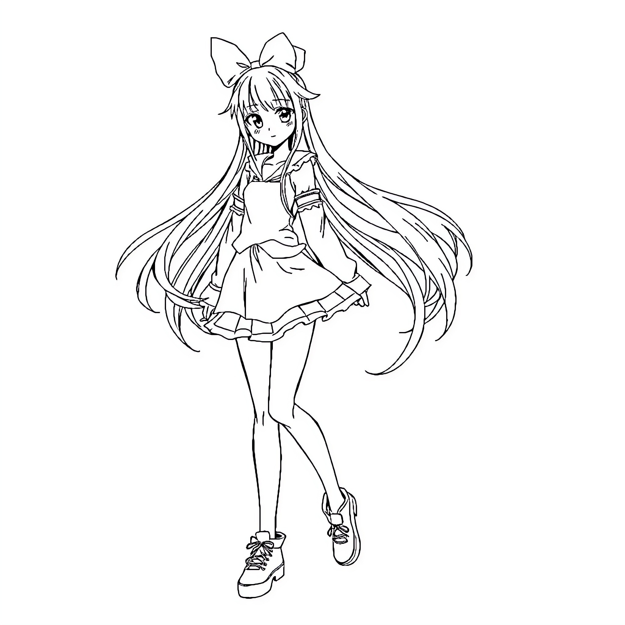 Anime Girl with Long Flowing Hair and Cute Outfit Coloring Page (free black-and-white line drawing printable PDF for all, from beginners to advanced learners, including children, teens, adults, and seniors)