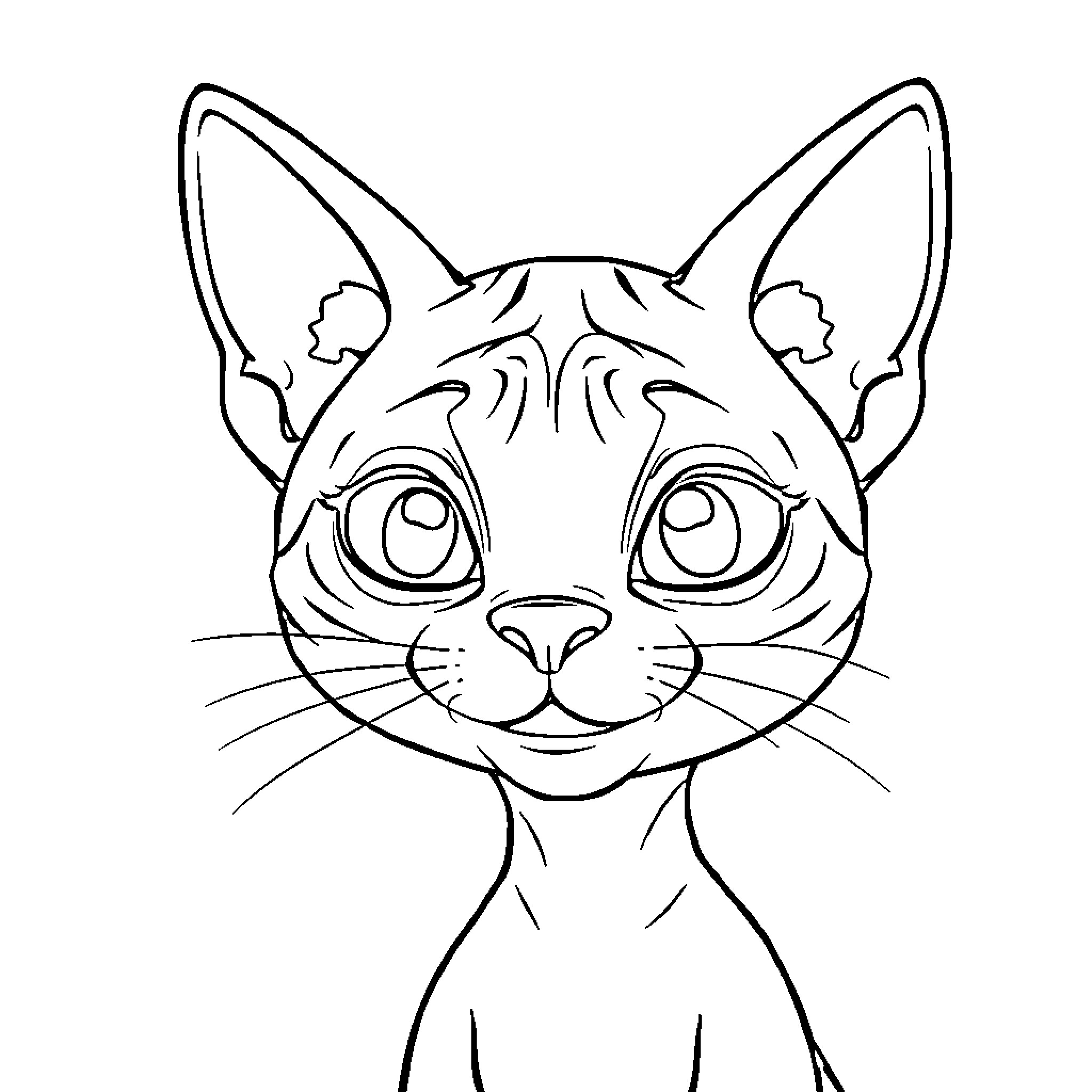 Cat with large, expressive eyes Coloring Page (free black-and-white line drawing printable PDF for all, from beginners to advanced learners, including children, teens, adults, and seniors)