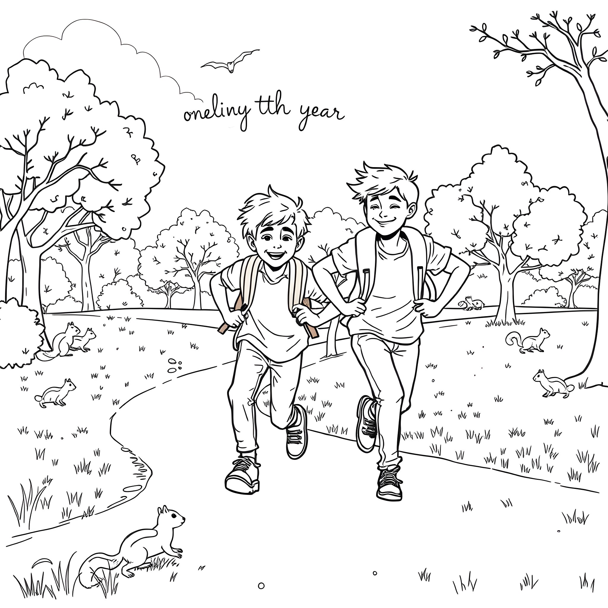 Teen Guys Enjoying Nature Together in the Park Coloring Page (free black-and-white line drawing printable PDF for all, from beginners to advanced learners, including children, teens, adults, and seniors)