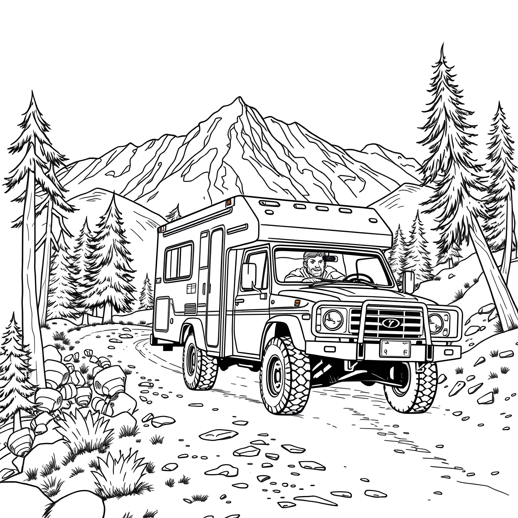 Camper exploring scenic mountain landscape Coloring Page (free black-and-white line drawing printable PDF for all, from beginners to advanced learners, including children, teens, adults, and seniors)