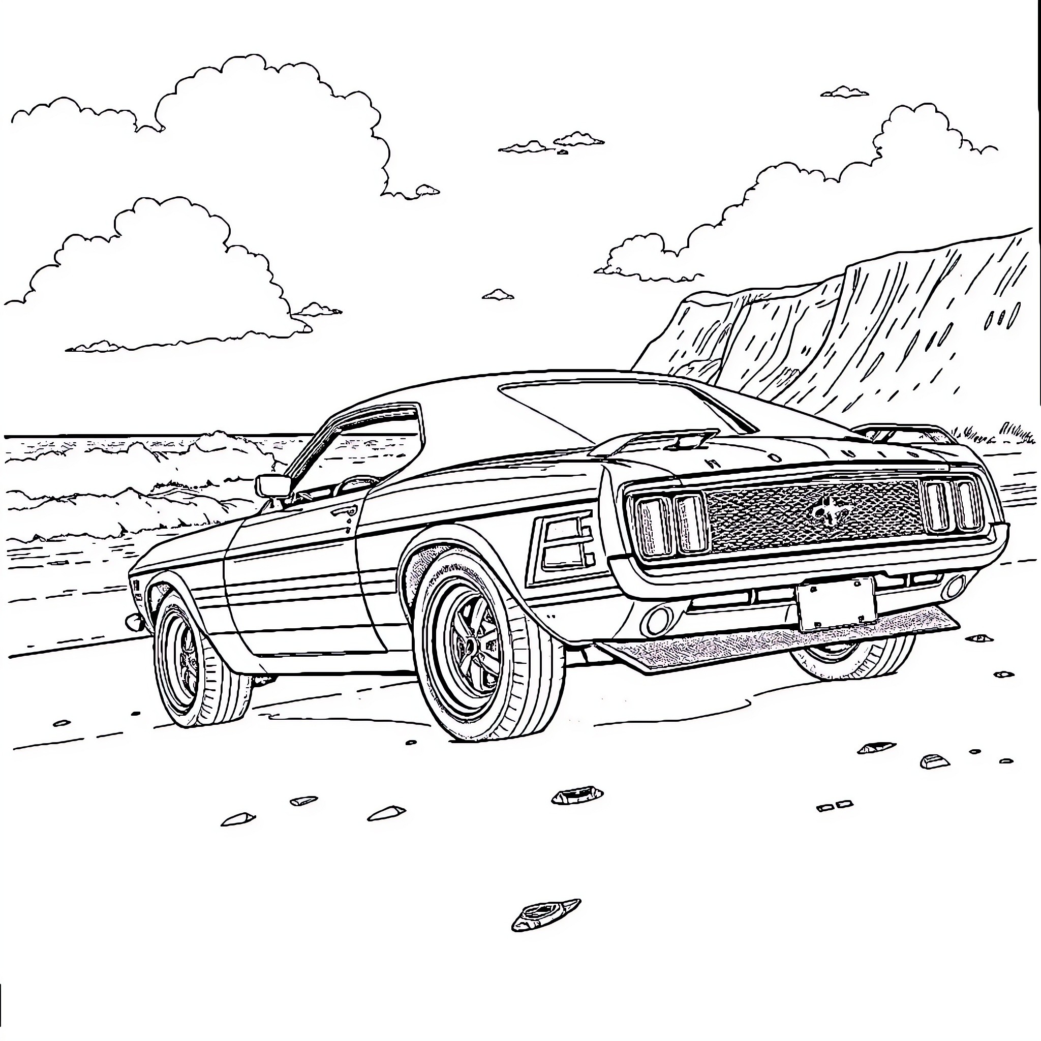 Car parked on the beach with dramatic landscape Coloring Page (free black-and-white line drawing printable PDF for all, from beginners to advanced learners, including children, teens, adults, and seniors)