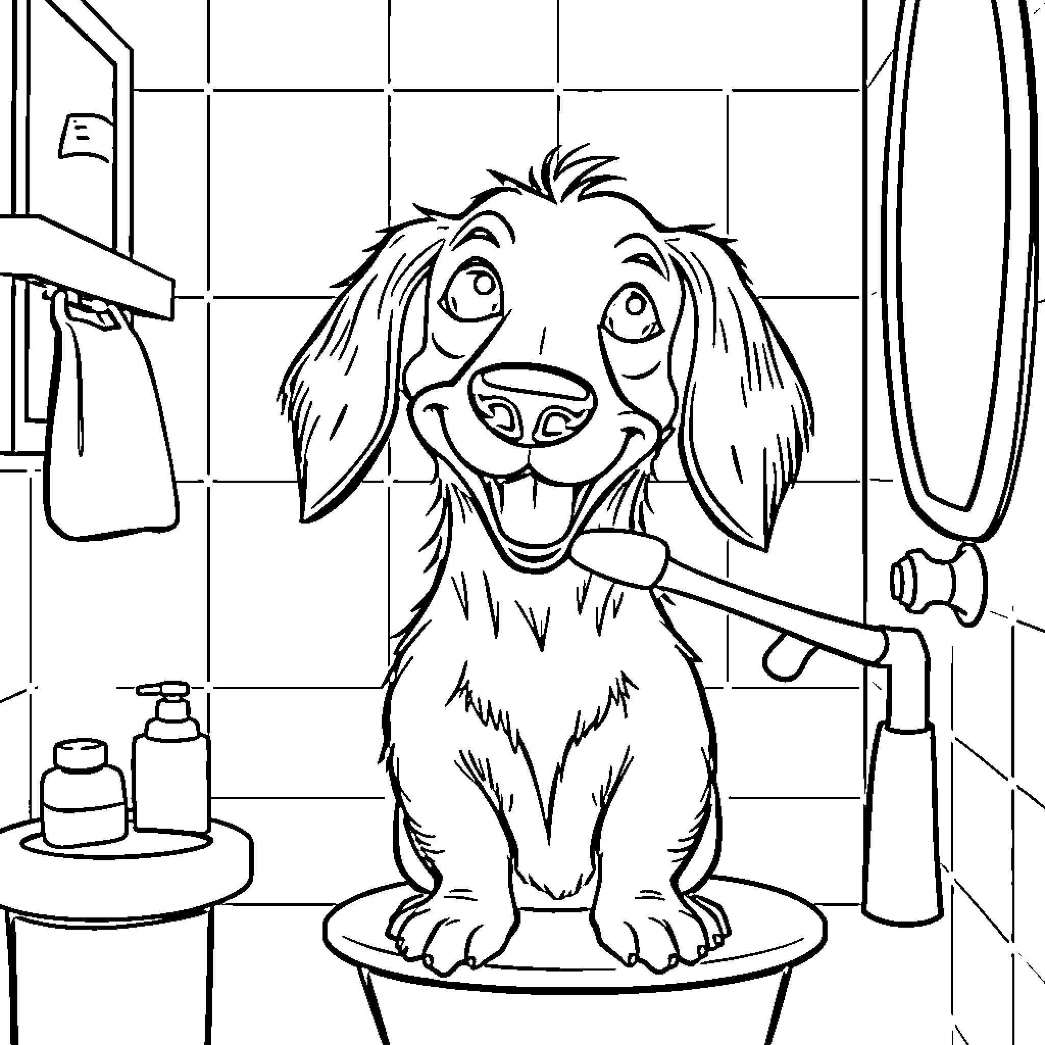 Dachshund enjoying a relaxing bath in the bathroom Coloring Page (free black-and-white line drawing printable PDF for all, from beginners to advanced learners, including children, teens, adults, and seniors)