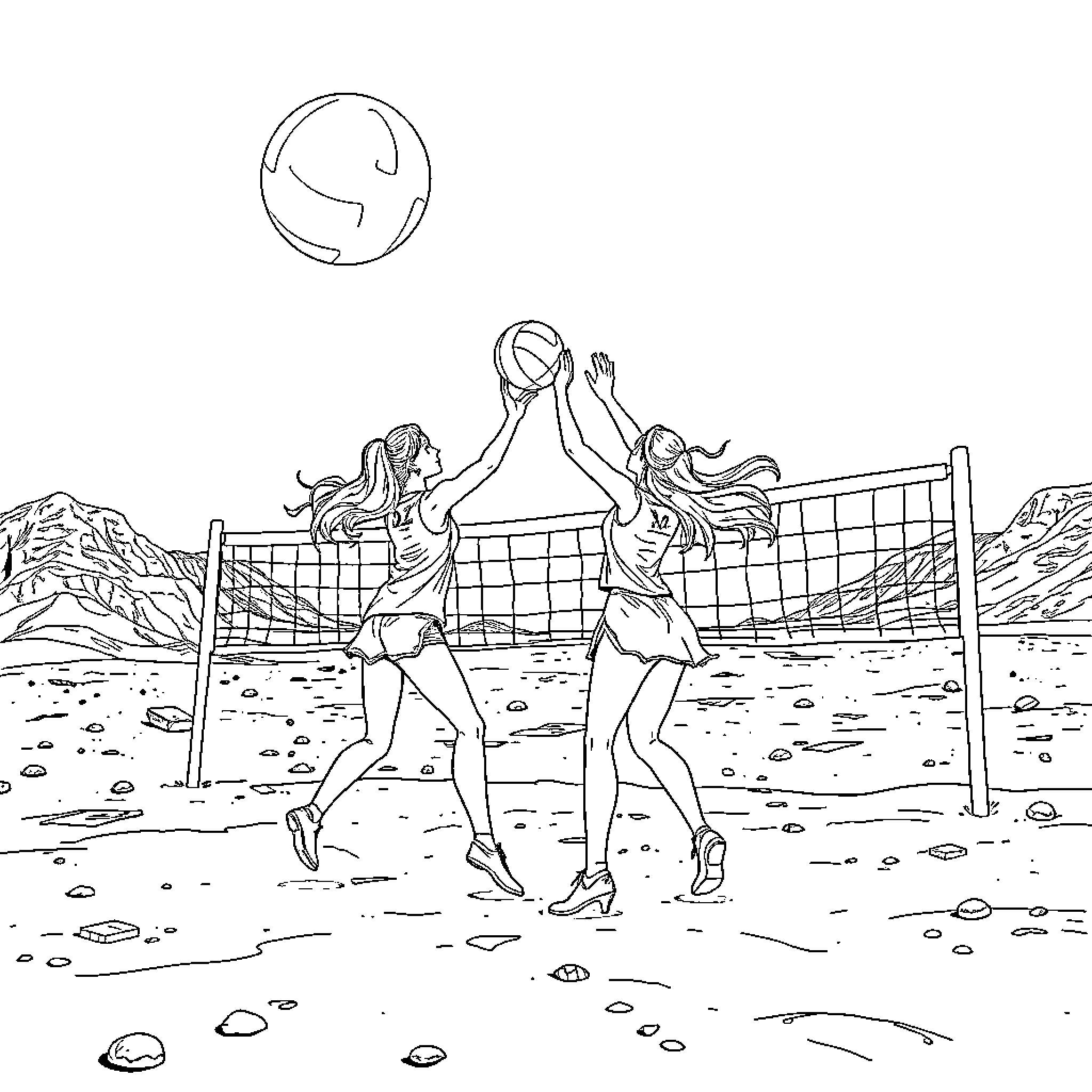 Girl Enjoying Beach Volleyball Game with Friend Coloring Page (free black-and-white line drawing printable PDF for all, from beginners to advanced learners, including children, teens, adults, and seniors)