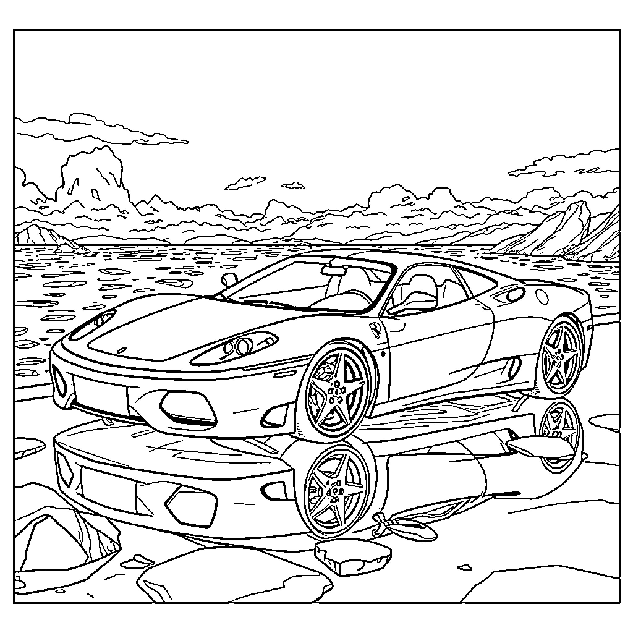 Ferrari sports car on a scenic beach Coloring Page (free black-and-white line drawing printable PDF for all, from beginners to advanced learners, including children, teens, adults, and seniors)