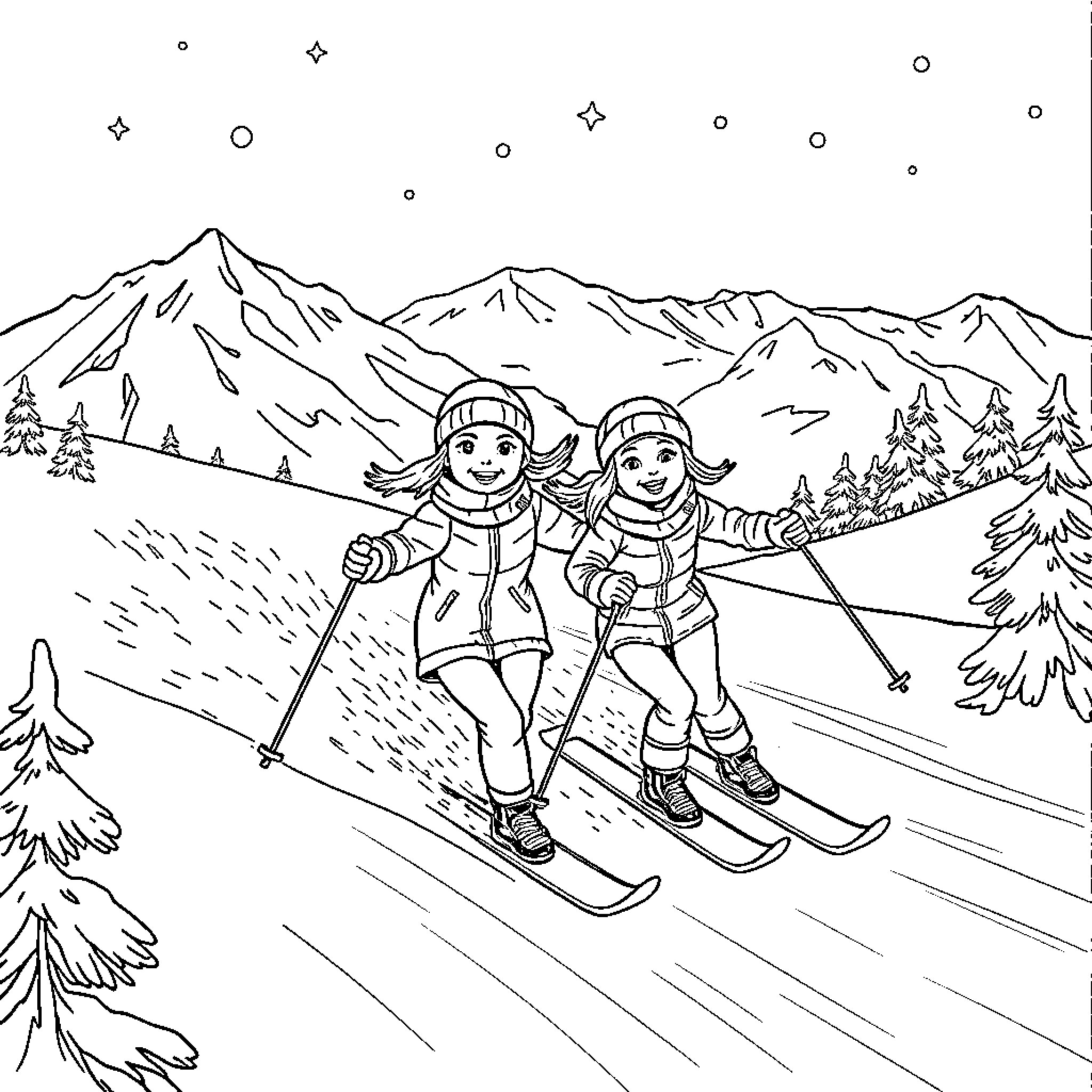 Girls enjoying a winter ski adventure Coloring Page (free black-and-white line drawing printable PDF for all, from beginners to advanced learners, including children, teens, adults, and seniors)