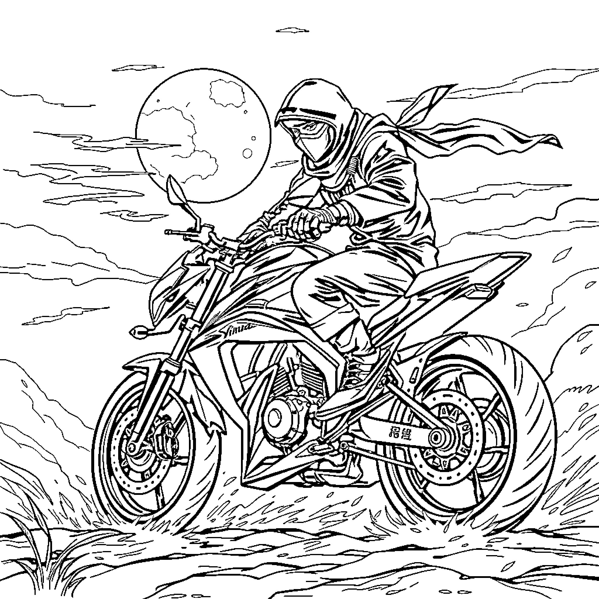 Ninja Biker Riding Through Stormy Night Landscape Coloring Page (free black-and-white line drawing printable PDF for all, from beginners to advanced learners, including children, teens, adults, and seniors)