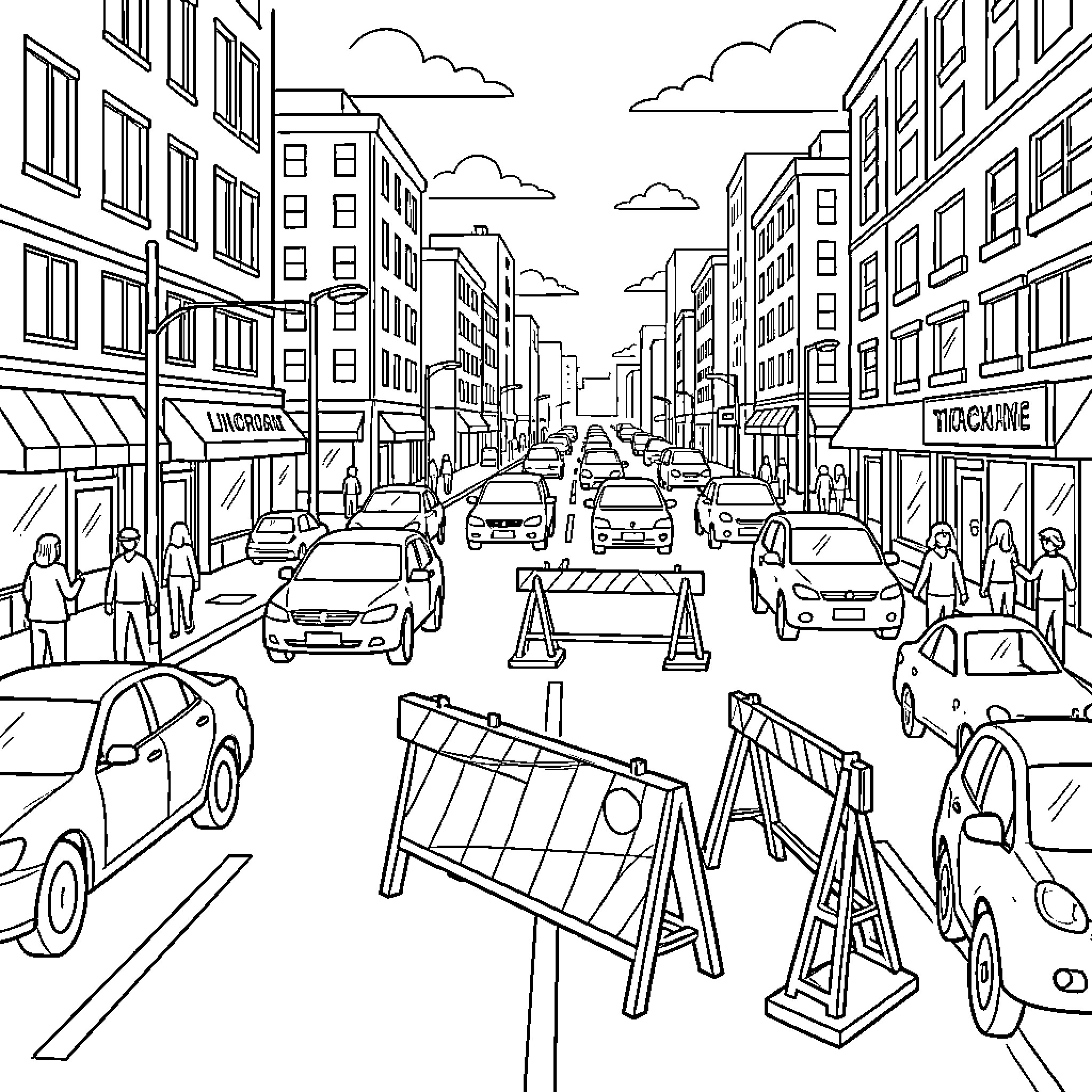 Roadblock blocking traffic on a busy city street Coloring Page (free black-and-white line drawing printable PDF for all, from beginners to advanced learners, including children, teens, adults, and seniors)