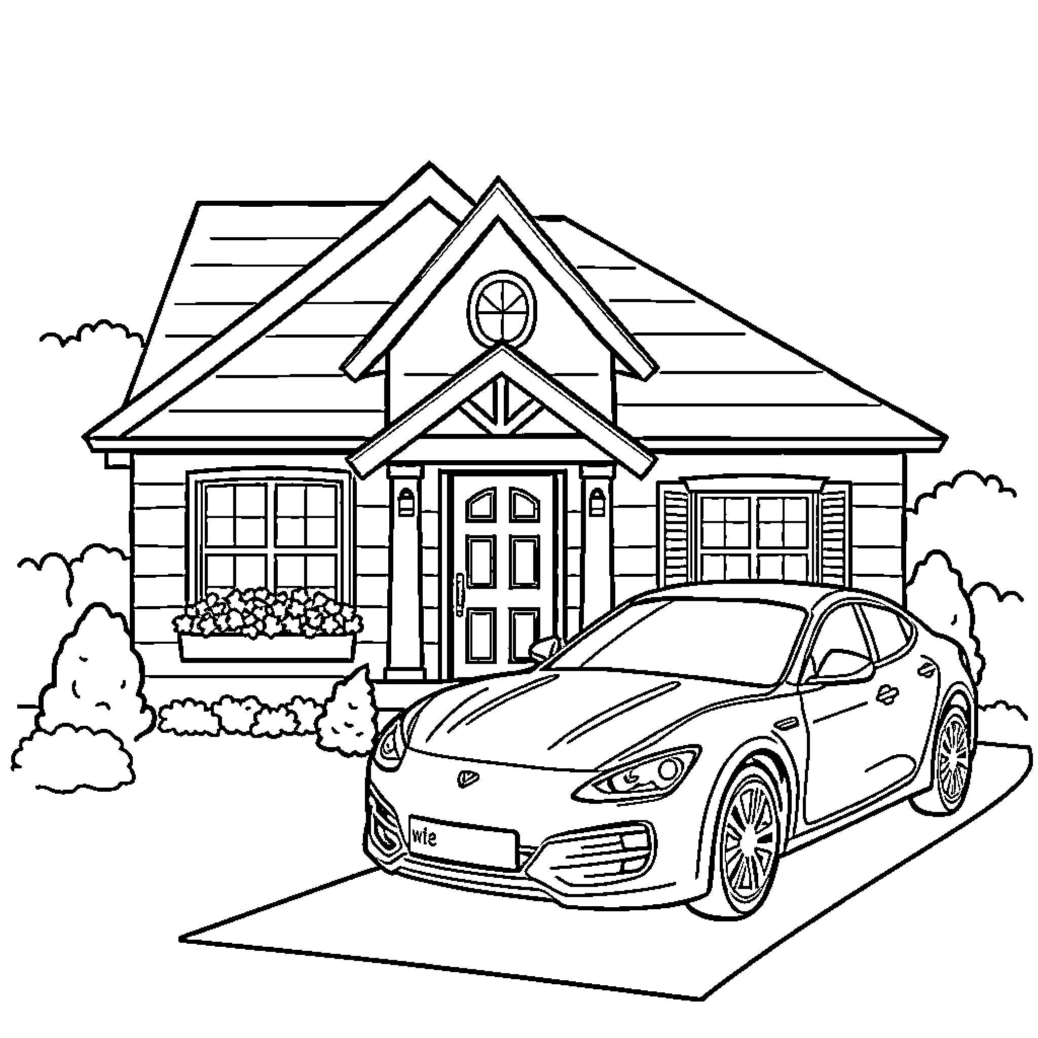 House with car parked in front Coloring Page (free black-and-white line drawing printable PDF for all, from beginners to advanced learners, including children, teens, adults, and seniors)