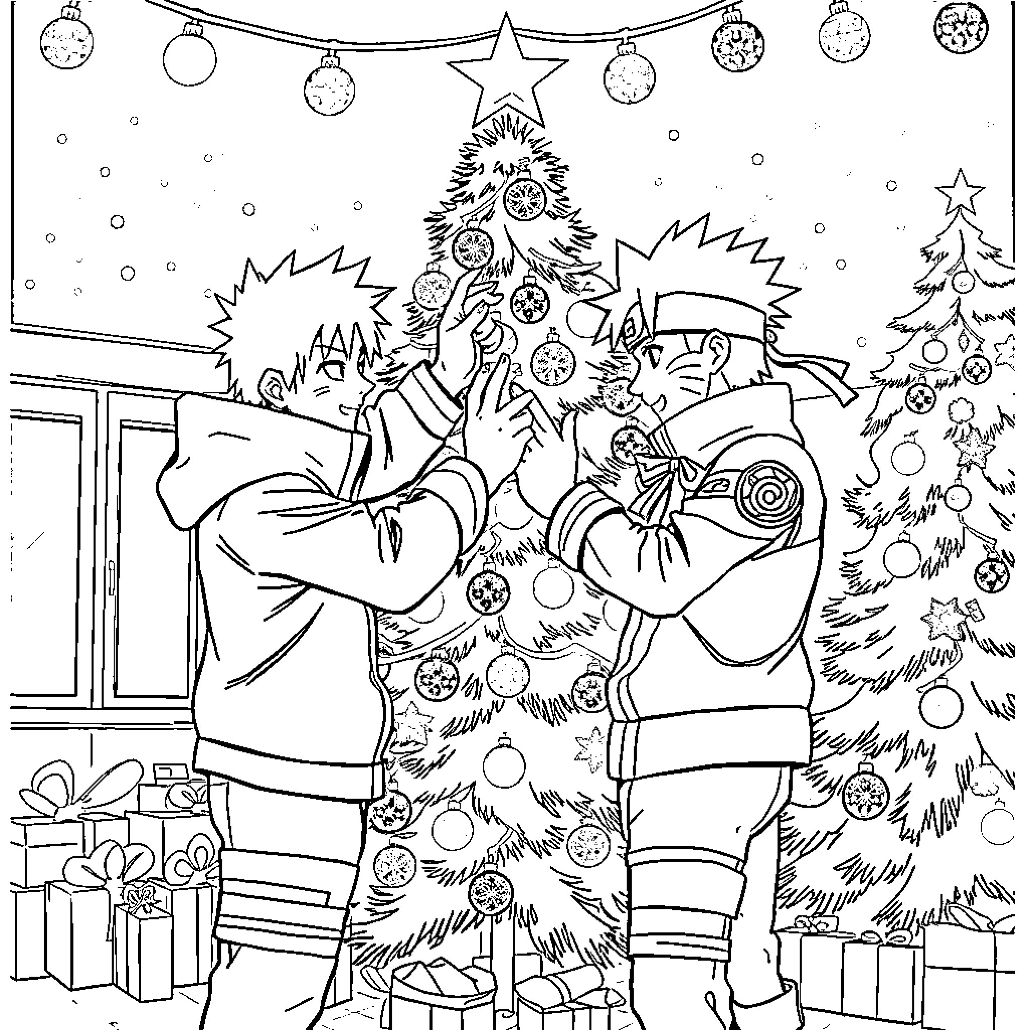 Satoru Gojo decorating a Christmas tree with friends Coloring Page (free black-and-white line drawing printable PDF for all, from beginners to advanced learners, including children, teens, adults, and seniors)