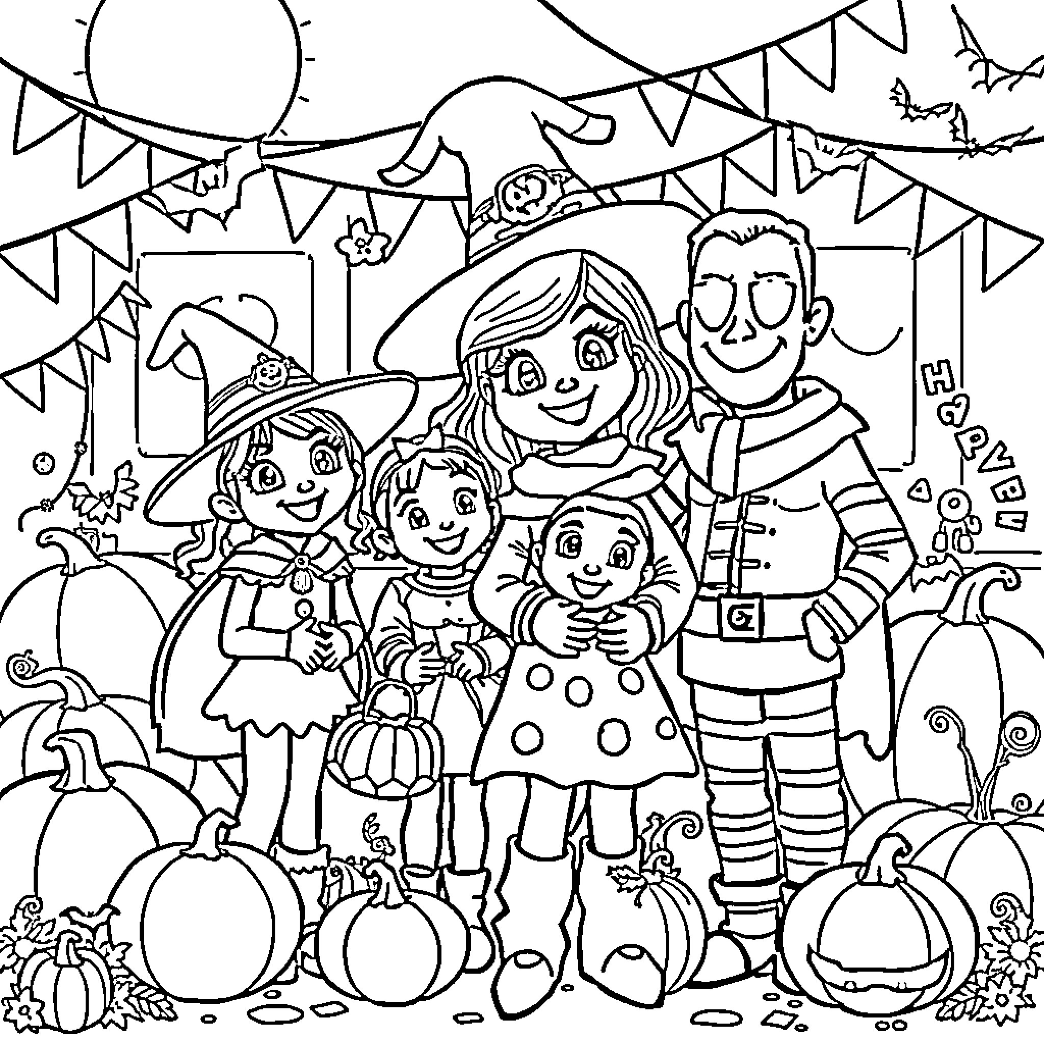 Bluey's Happy Halloween Celebration Coloring Page (free black-and-white line drawing printable PDF for all, from beginners to advanced learners, including children, teens, adults, and seniors)