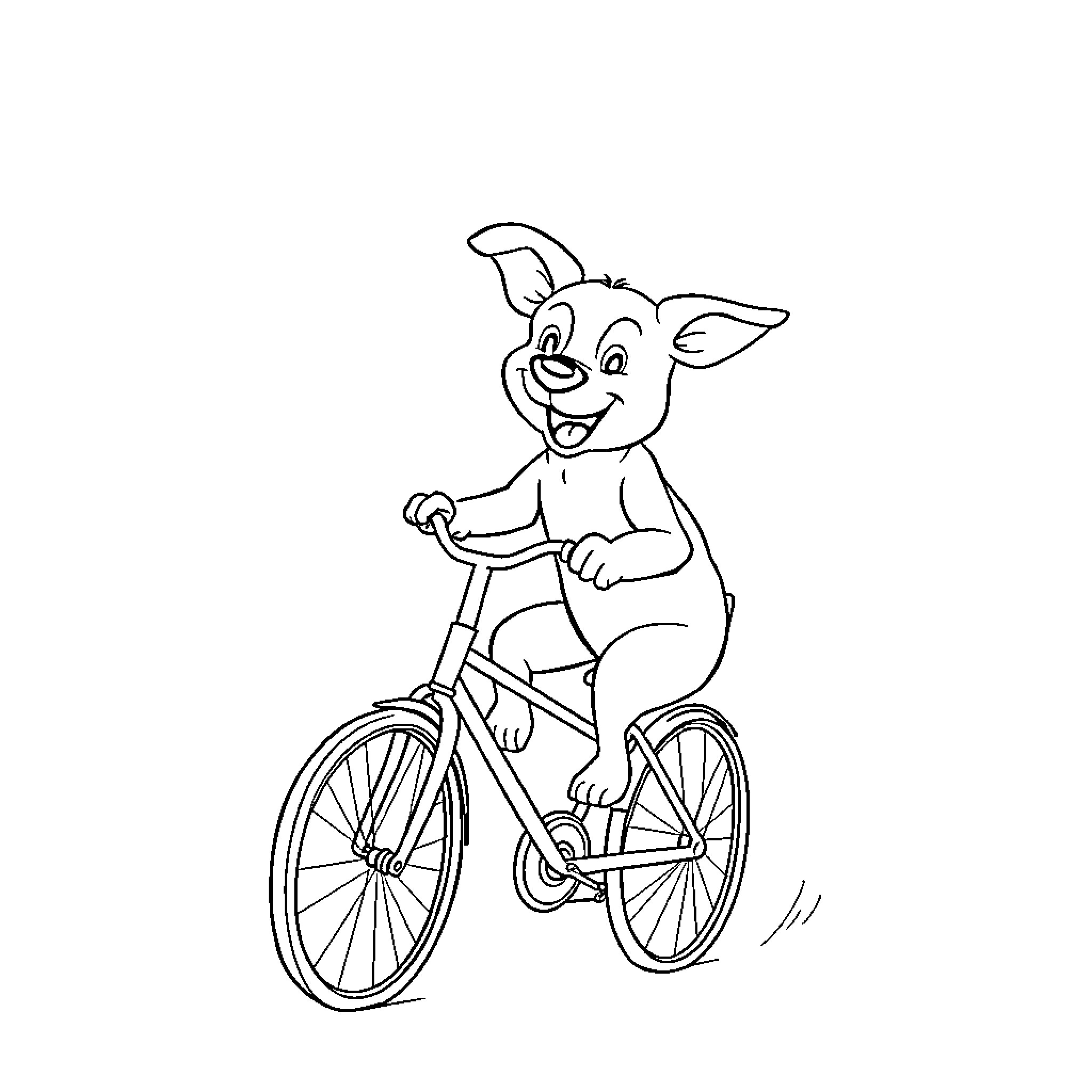 Dog riding a bicycle happily Coloring Page (free black-and-white line drawing printable PDF for all, from beginners to advanced learners, including children, teens, adults, and seniors)