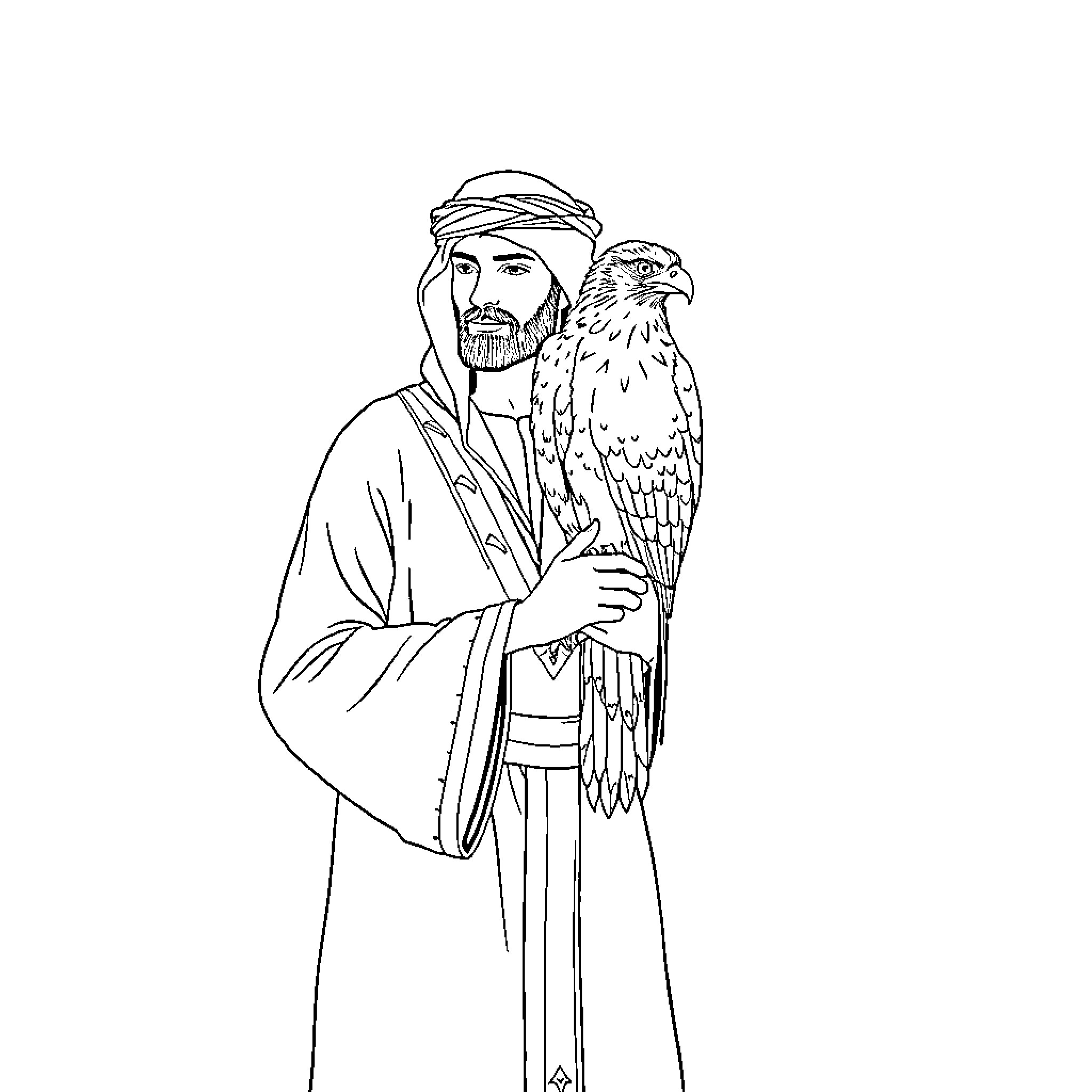 Arab man with falcon in traditional attire Coloring Page (free black-and-white line drawing printable PDF for all, from beginners to advanced learners, including children, teens, adults, and seniors)
