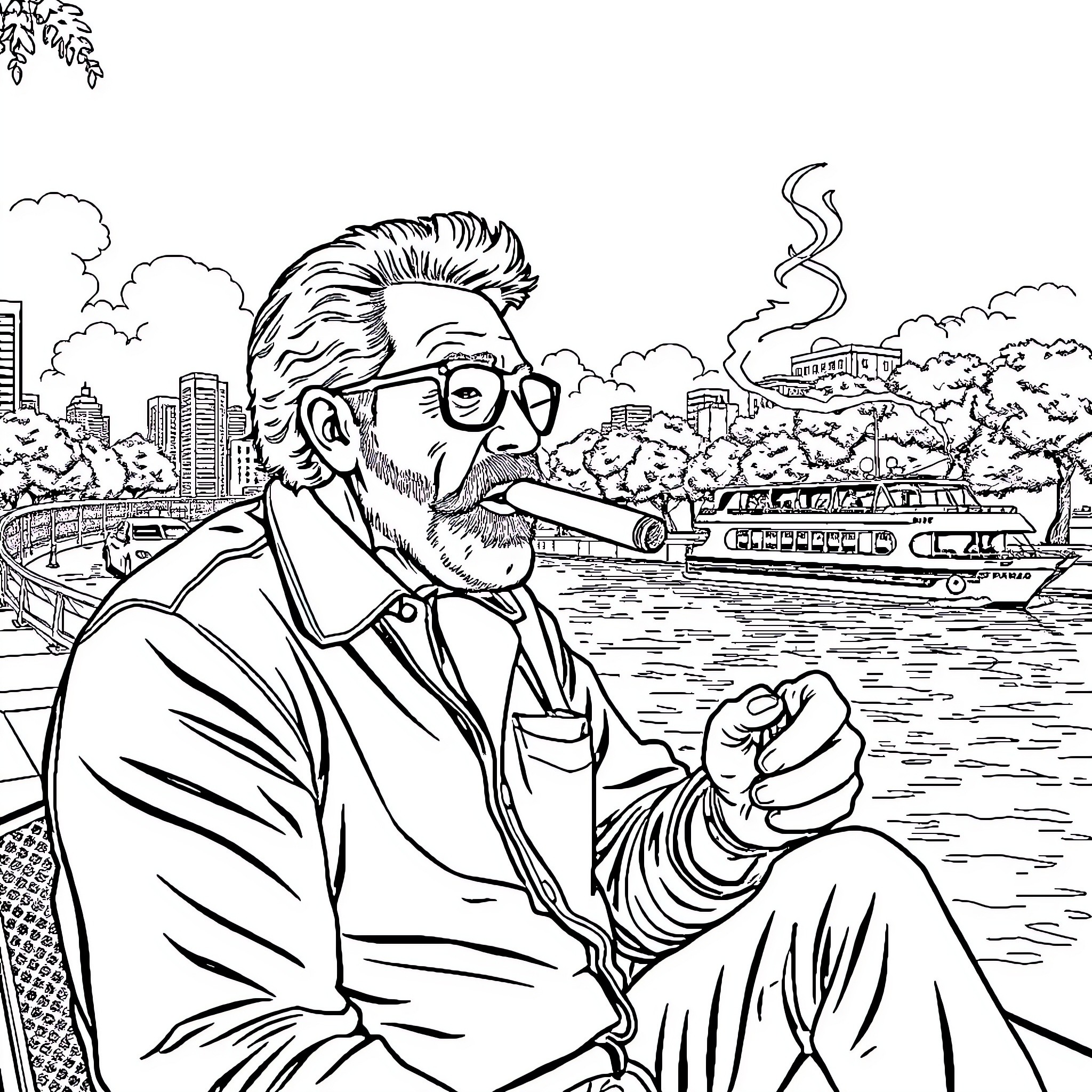 Rick Sanchez contemplating at the city dock Coloring Page (free black-and-white line drawing printable PDF for all, from beginners to advanced learners, including children, teens, adults, and seniors)