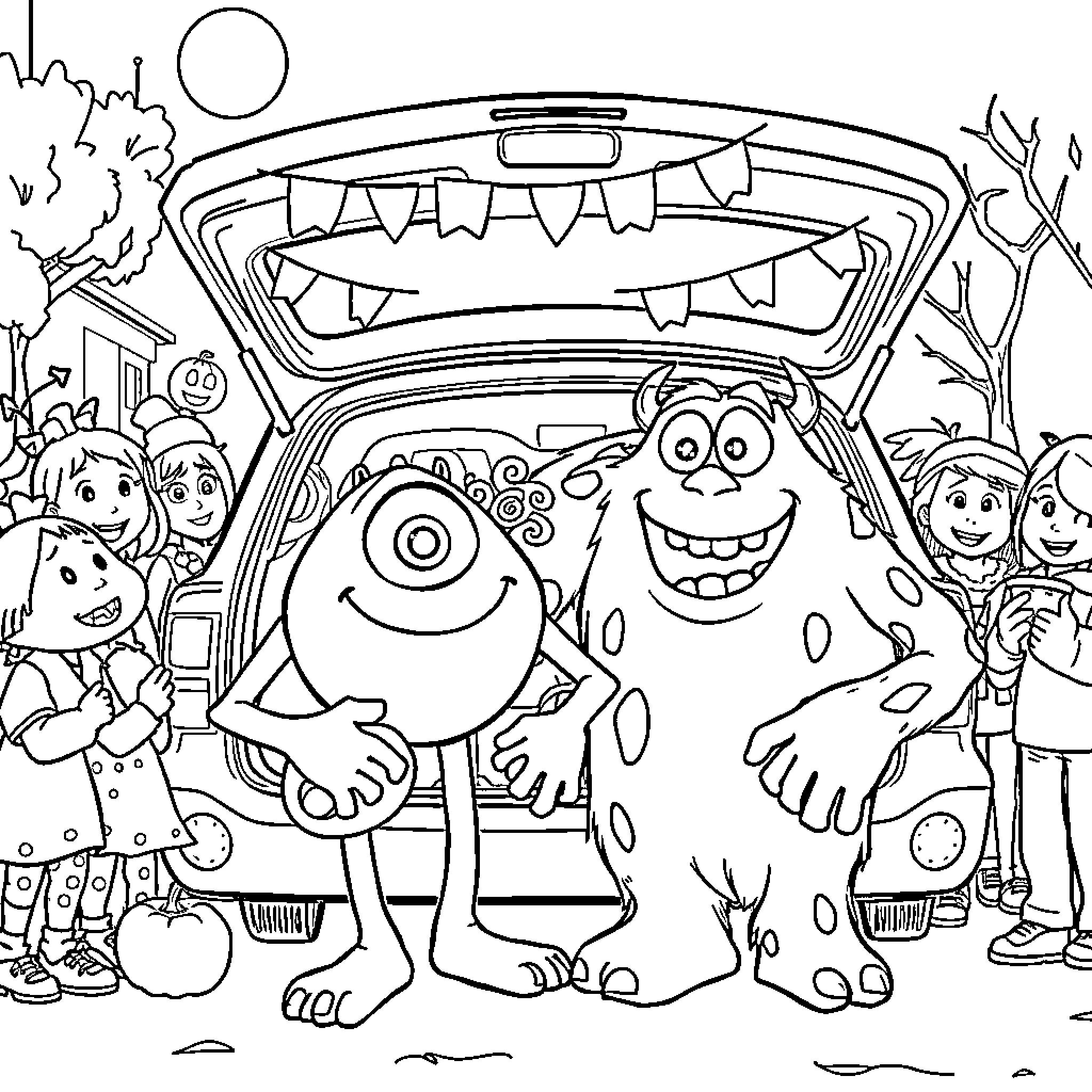 Mike Wazowski's Trunk Party with Colorful Monsters Coloring Page (free black-and-white line drawing printable PDF for all, from beginners to advanced learners, including children, teens, adults, and seniors)