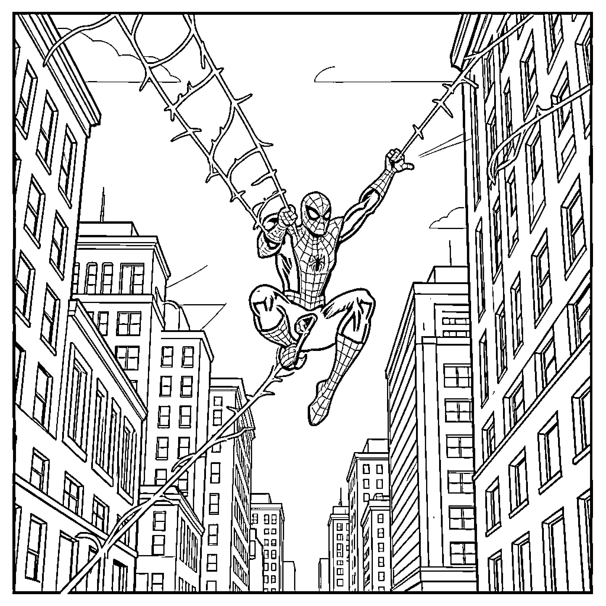 Spiderman swinging through tall city buildings Coloring Page (free black-and-white line drawing printable PDF for all, from beginners to advanced learners, including children, teens, adults, and seniors)