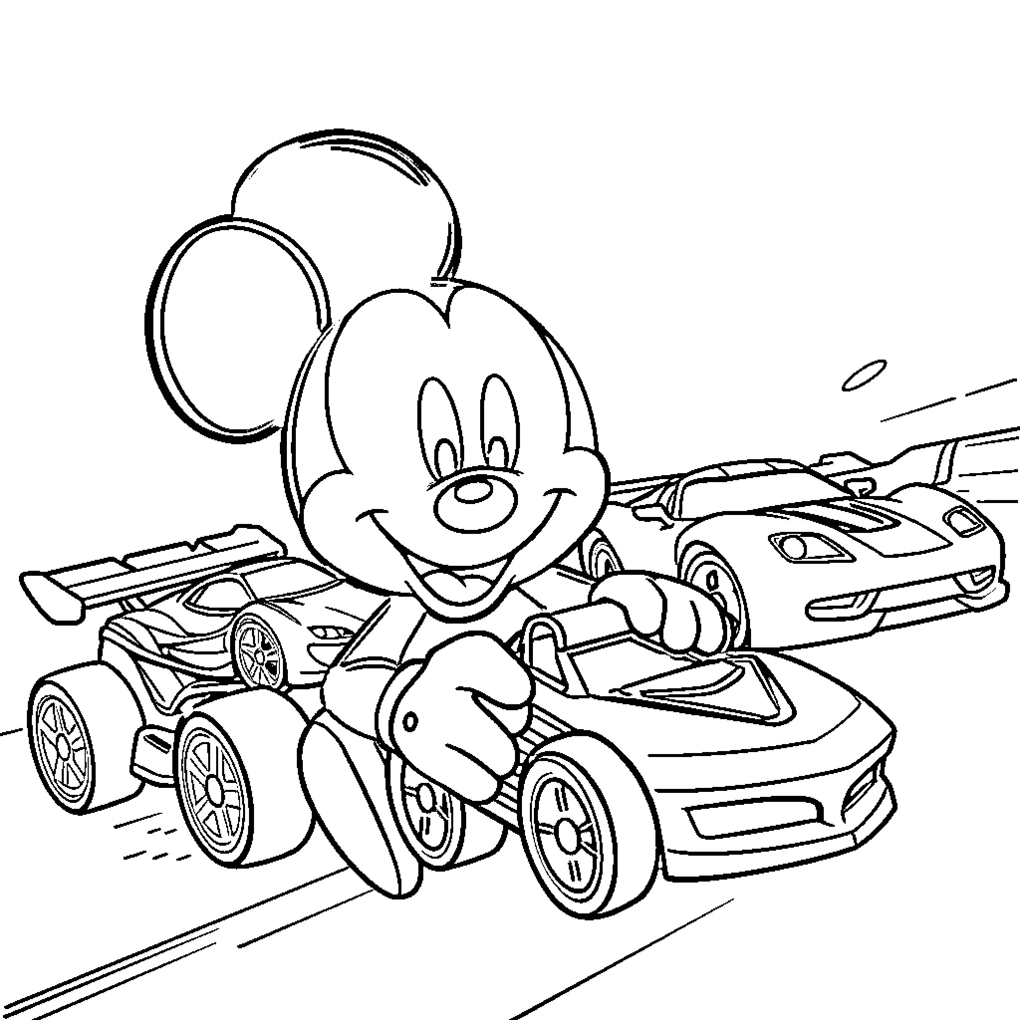 Mickey's Exciting Race with Sports Cars Coloring Page (free black-and-white line drawing printable PDF for all, from beginners to advanced learners, including children, teens, adults, and seniors)