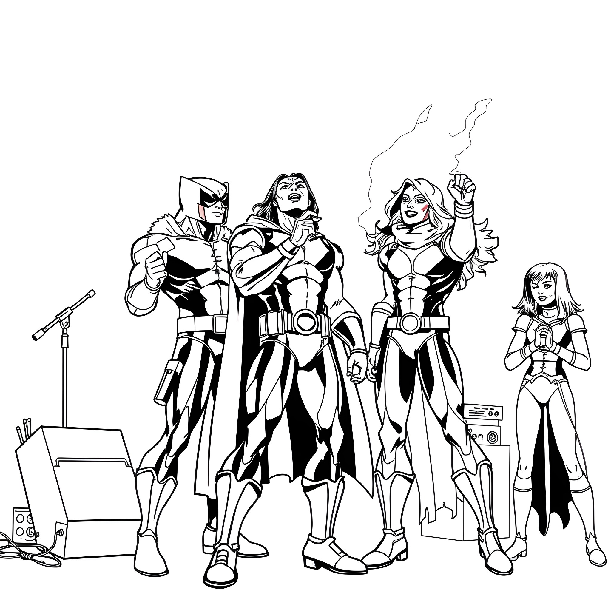 X-Men heroes in action poses with powers Coloring Page (free black-and-white line drawing printable PDF for all, from beginners to advanced learners, including children, teens, adults, and seniors)