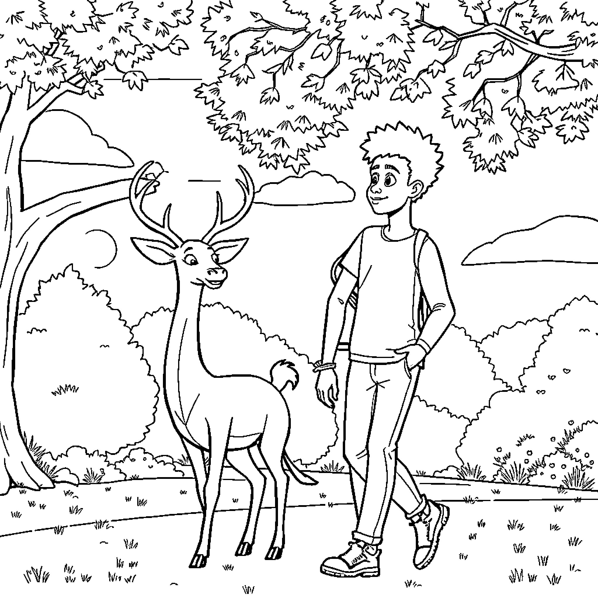 Man stands beside a deer in a nature scene Coloring Page (free black-and-white line drawing printable PDF for all, from beginners to advanced learners, including children, teens, adults, and seniors)
