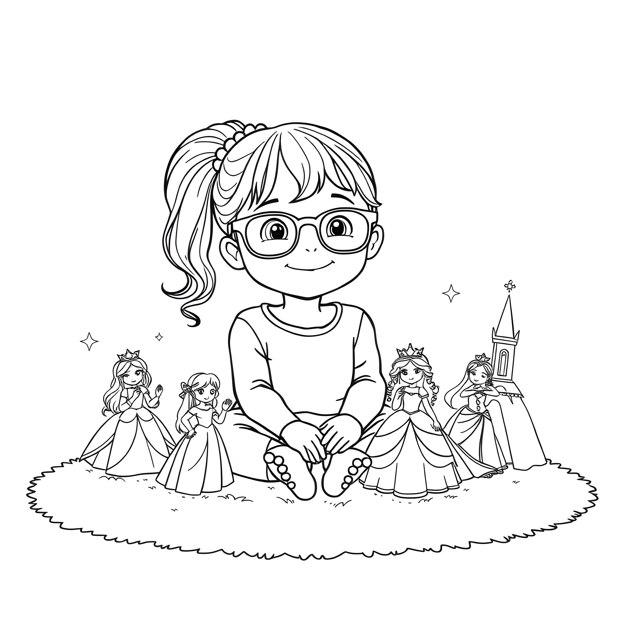 Girl surrounded by princess figurines Coloring Page (free black-and-white line drawing printable PDF for all, from beginners to advanced learners, including children, teens, adults, and seniors)