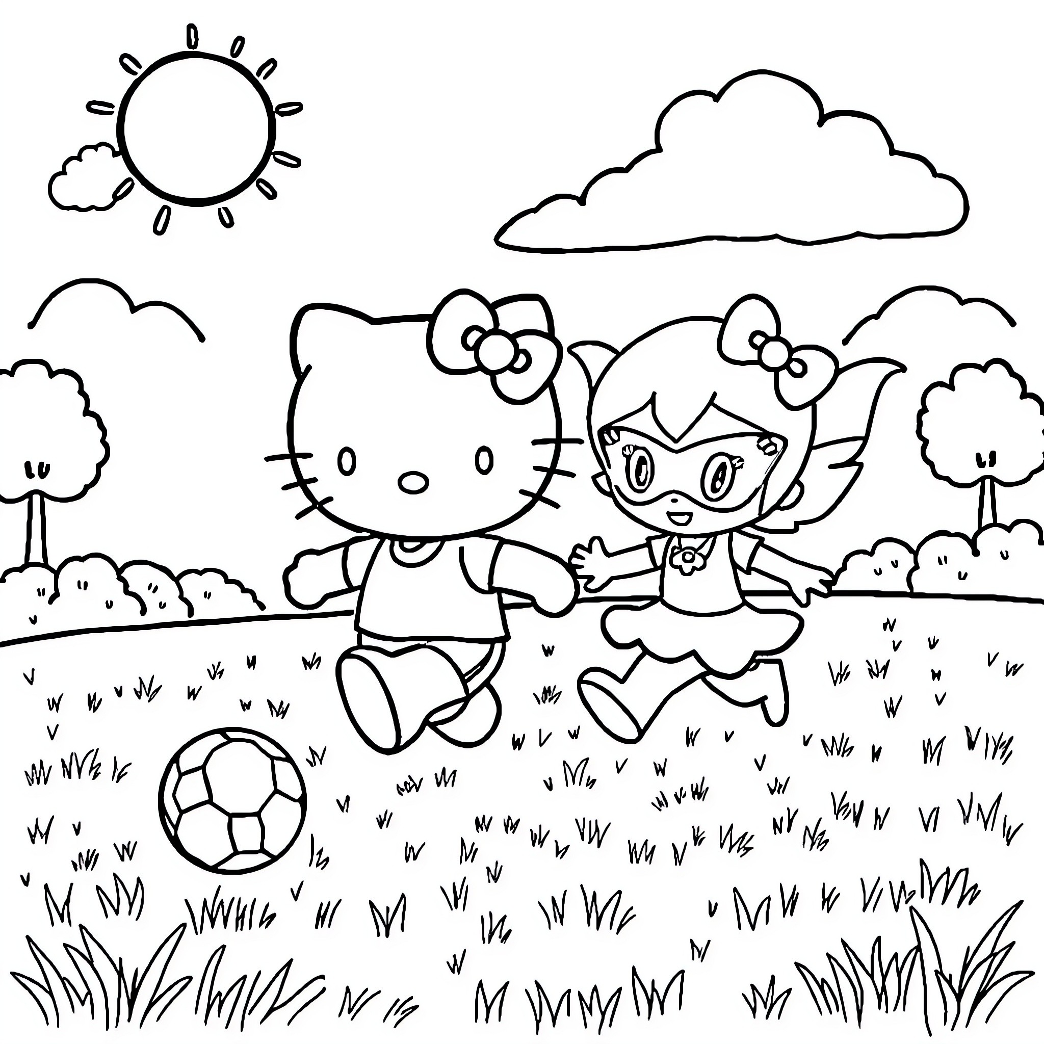 Hello Kitty and friends playing soccer in the park Coloring Page (free black-and-white line drawing printable PDF for all, from beginners to advanced learners, including children, teens, adults, and seniors)