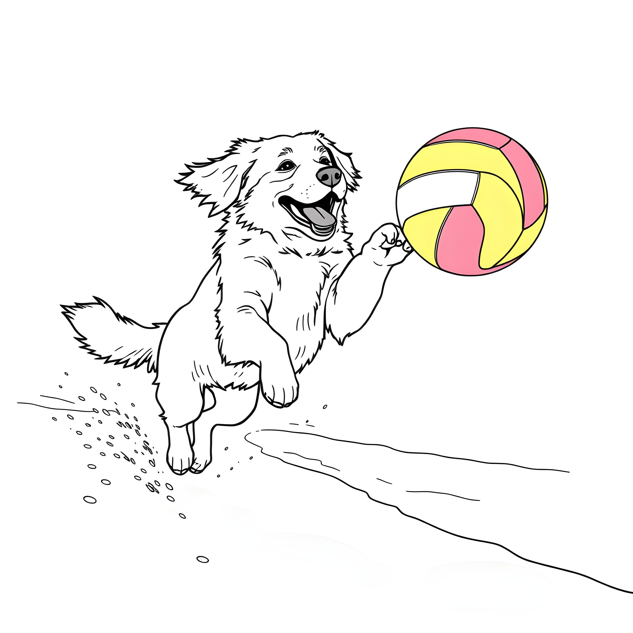 Golden Retriever playing joyfully with colorful ball Coloring Page (free black-and-white line drawing printable PDF for all, from beginners to advanced learners, including children, teens, adults, and seniors)