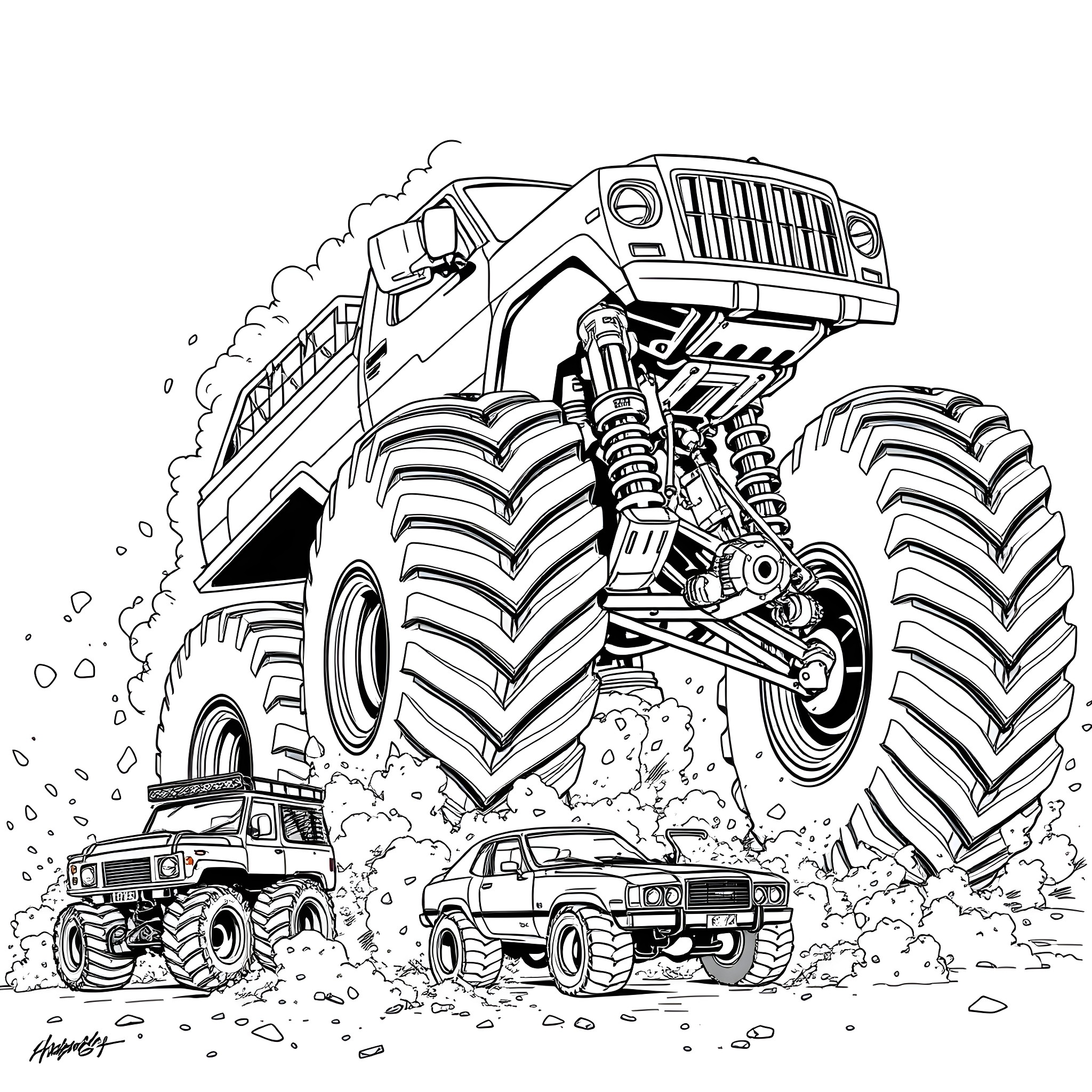 Hulk's Mighty Monster Truck Unleashed on the Terrain Coloring Page (free black-and-white line drawing printable PDF for all, from beginners to advanced learners, including children, teens, adults, and seniors)