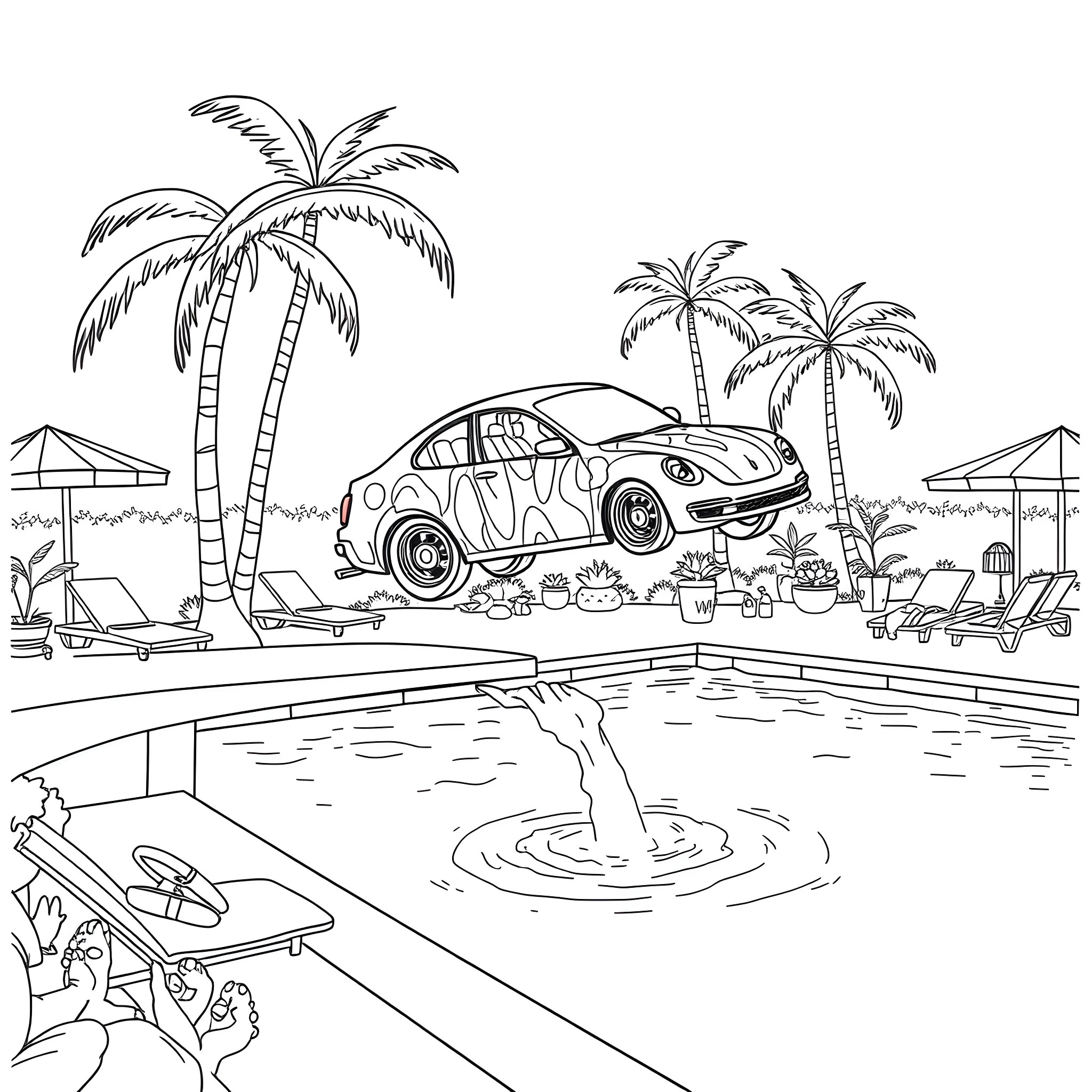 Car on tropical beach with palm trees Coloring Page (free black-and-white line drawing printable PDF for all, from beginners to advanced learners, including children, teens, adults, and seniors)