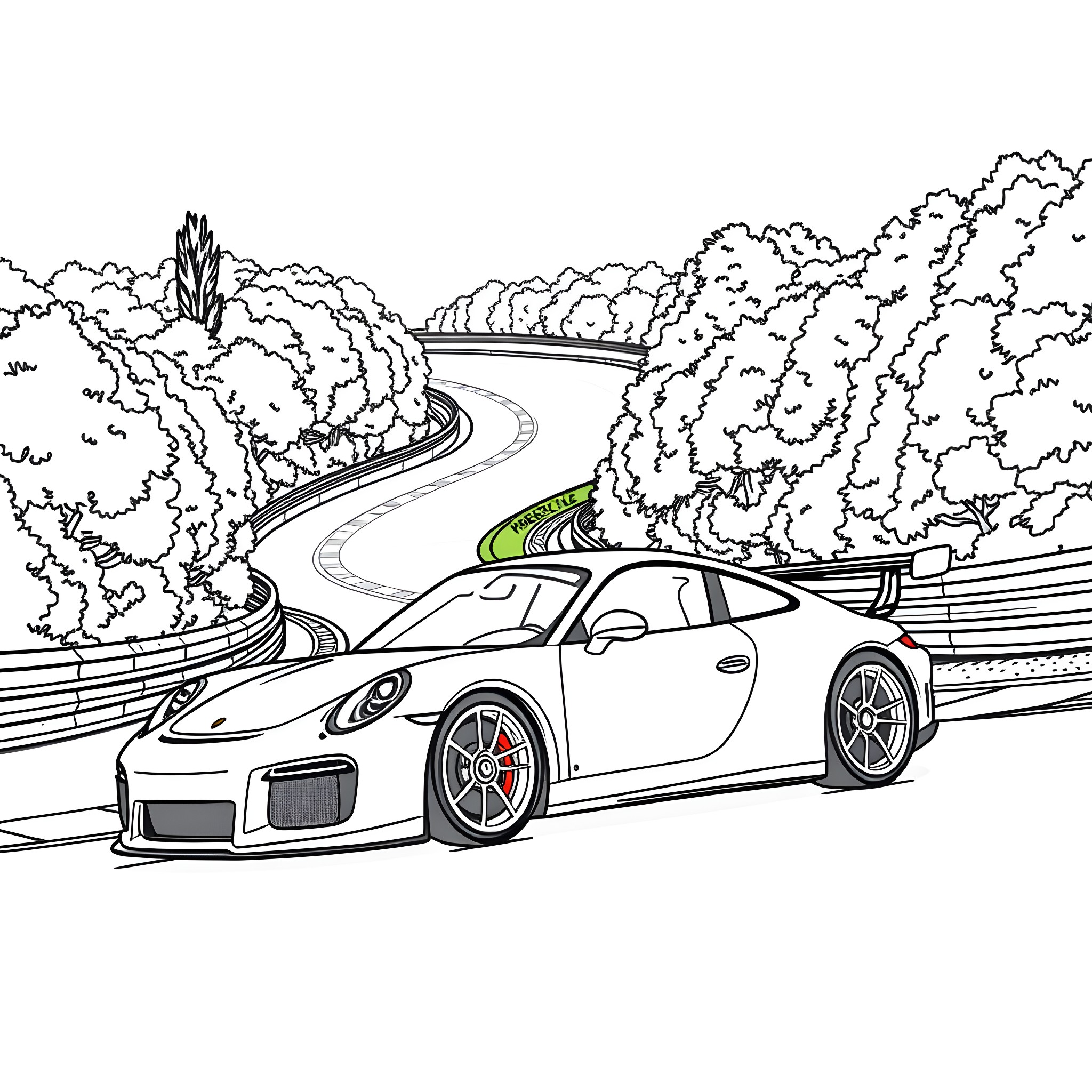 Porsche sports car racing on a winding mountain road Coloring Page (free black-and-white line drawing printable PDF for all, from beginners to advanced learners, including children, teens, adults, and seniors)