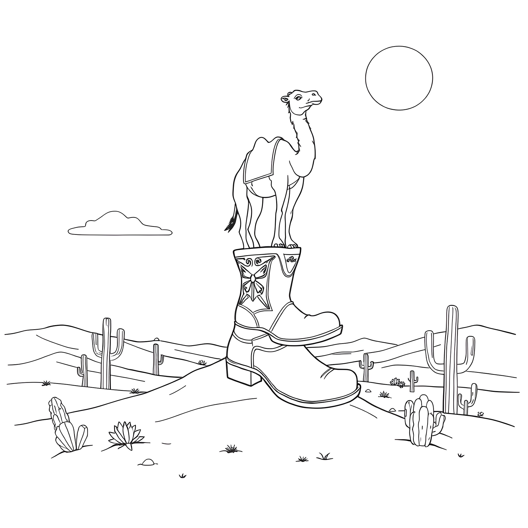 Camel standing atop a cowboy boot in the desert Coloring Page (free black-and-white line drawing printable PDF for all, from beginners to advanced learners, including children, teens, adults, and seniors)