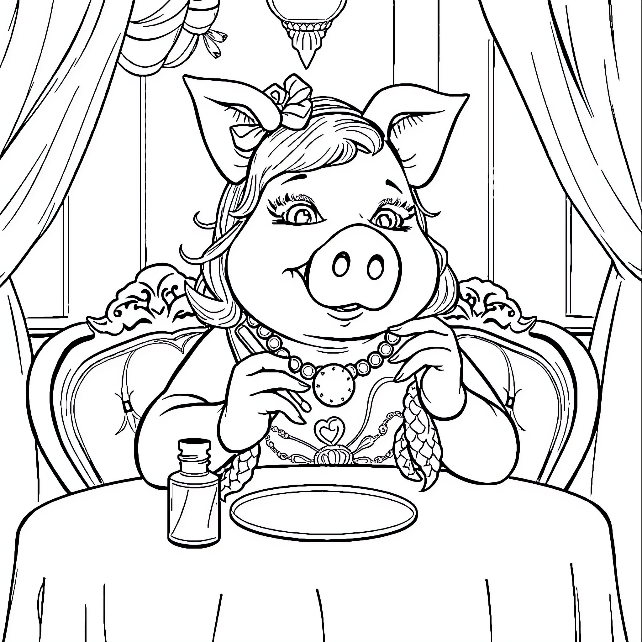 Miss Piggy's Elegant Teatime Indulgence Coloring Page (free black-and-white line drawing printable PDF for all, from beginners to advanced learners, including children, teens, adults, and seniors)