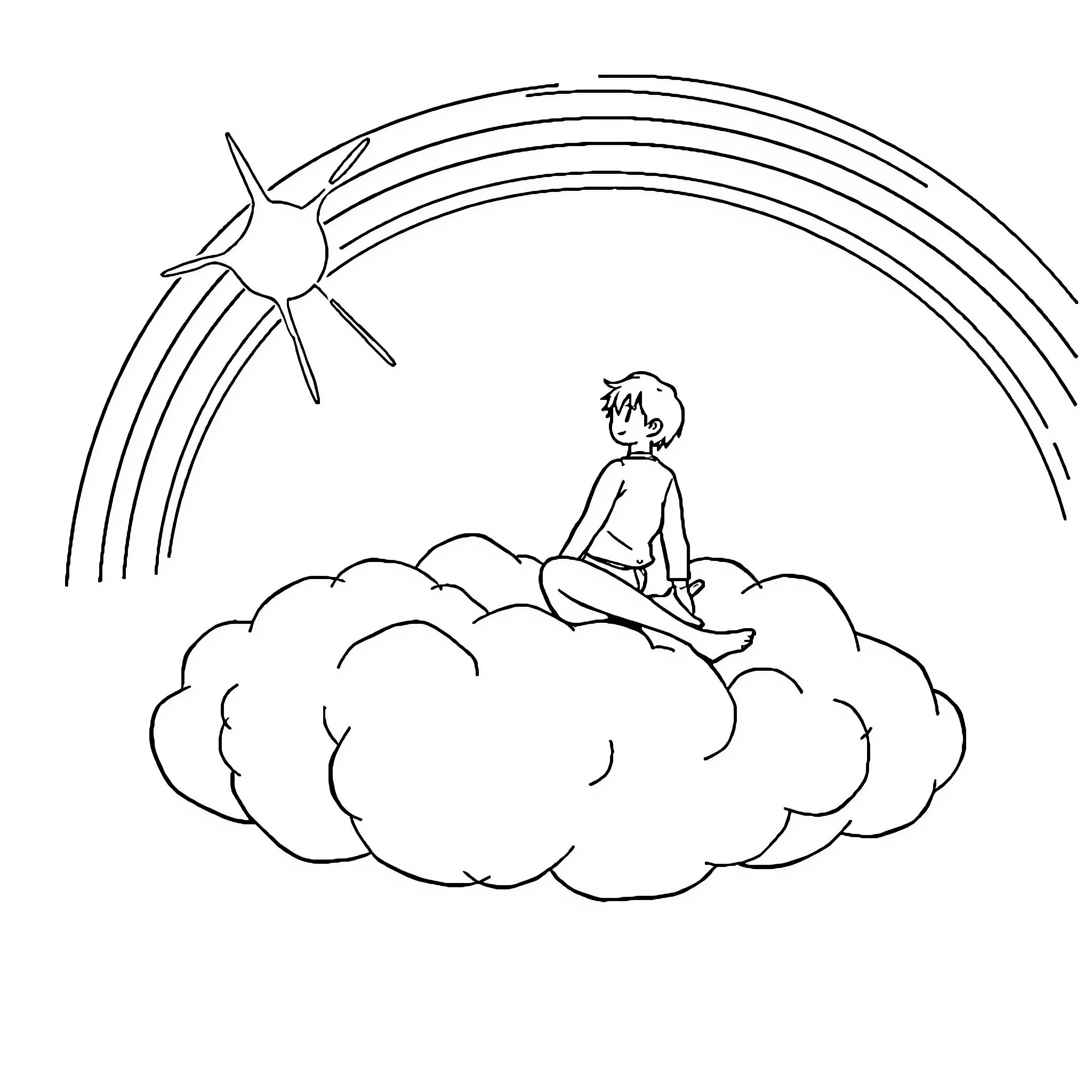 Person sitting on cloud with shooting star Coloring Page (free black-and-white line drawing printable PDF for all, from beginners to advanced learners, including children, teens, adults, and seniors)