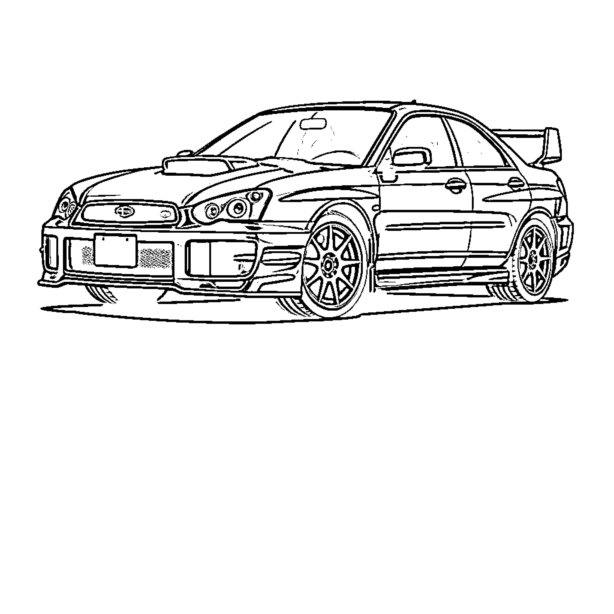 STI Sedan Racing on the Road Coloring Page (free black-and-white line drawing printable PDF for all, from beginners to advanced learners, including children, teens, adults, and seniors)