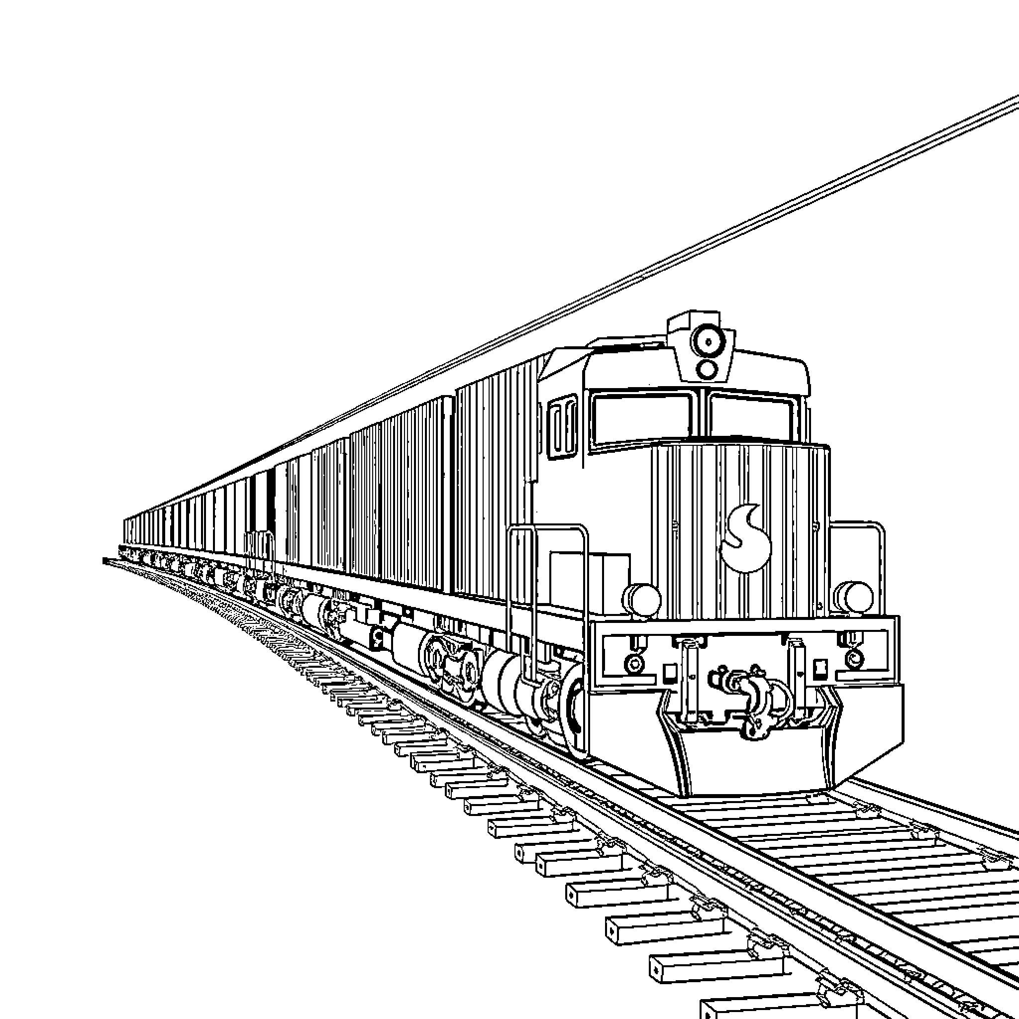 Freight Train Hauling Cargo on Railway Tracks Coloring Page (free black-and-white line drawing printable PDF for all, from beginners to advanced learners, including children, teens, adults, and seniors)
