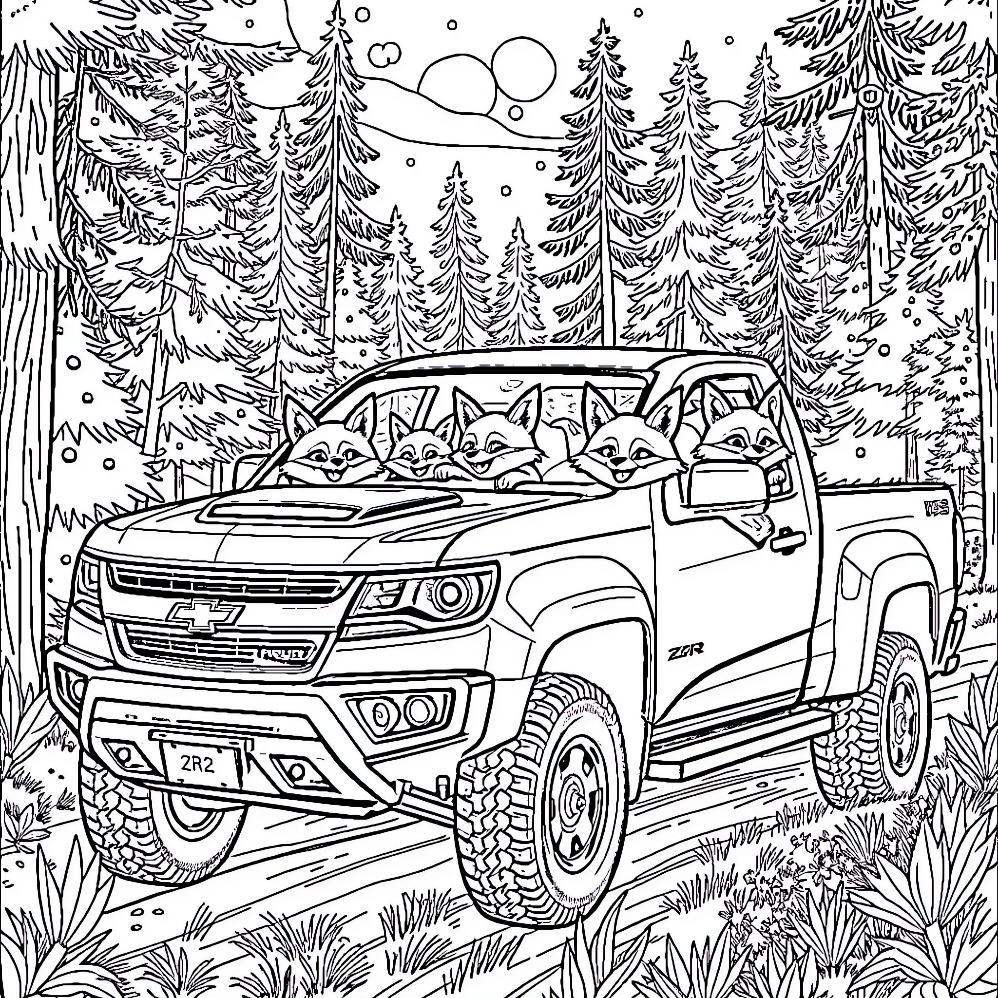 Fox family riding in rugged truck through snowy forest Coloring Page (free black-and-white line drawing printable PDF for all, from beginners to advanced learners, including children, teens, adults, and seniors)