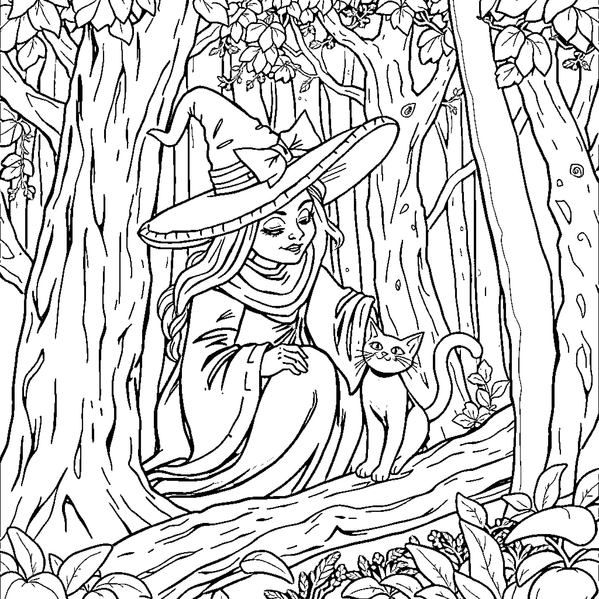 Bruja in the enchanted forest with her cat companion Coloring Page (free black-and-white line drawing printable PDF for all, from beginners to advanced learners, including children, teens, adults, and seniors)