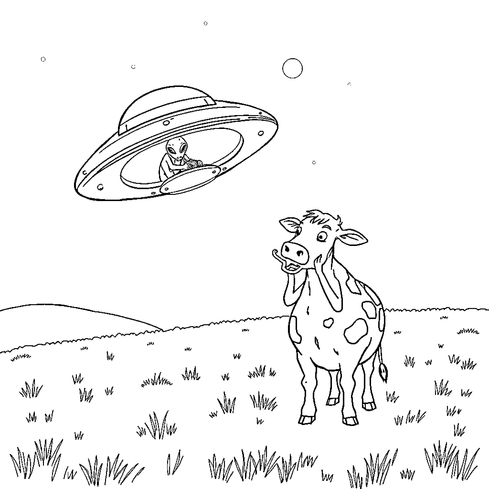 Cow observing a UFO in the sky Coloring Page (free black-and-white line drawing printable PDF for all, from beginners to advanced learners, including children, teens, adults, and seniors)