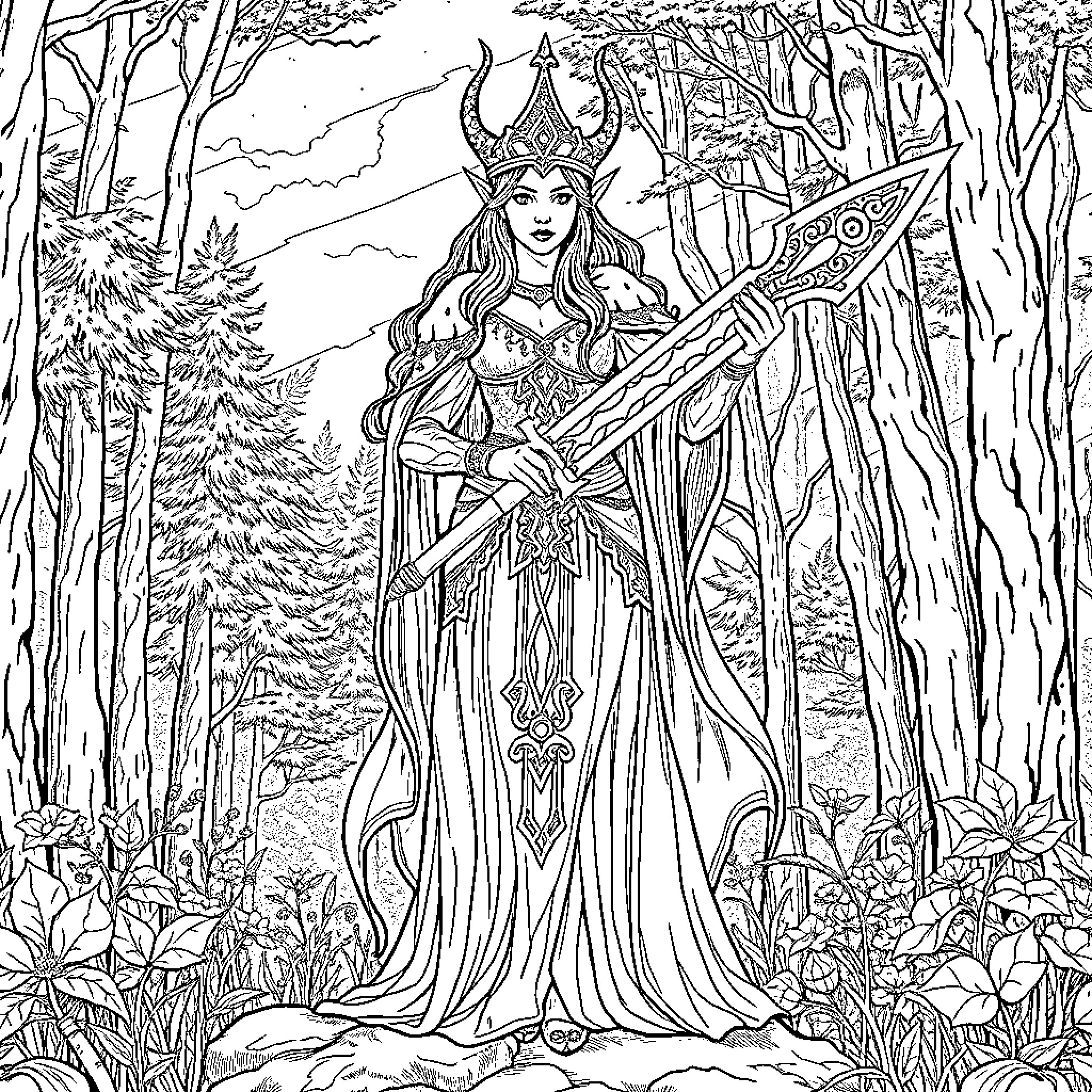Elvish Queen wielding magical staff in enchanted forest Coloring Page (free black-and-white line drawing printable PDF for all, from beginners to advanced learners, including children, teens, adults, and seniors)